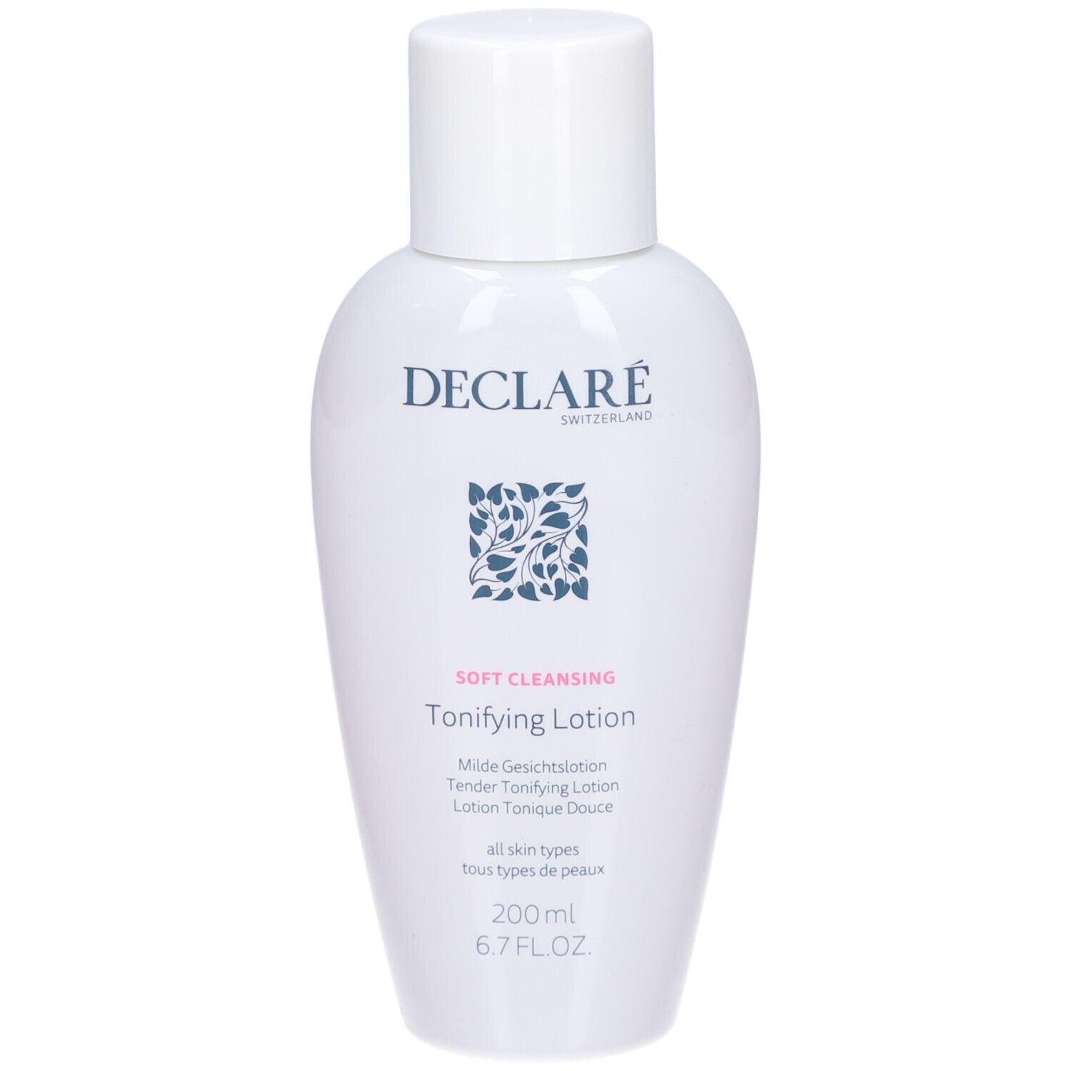 Flacon blanc DECLARÉ Toning Lotion. Inscription : Soft Cleansing, Toning Lotion. 400ml. Pour tous types de peaux.