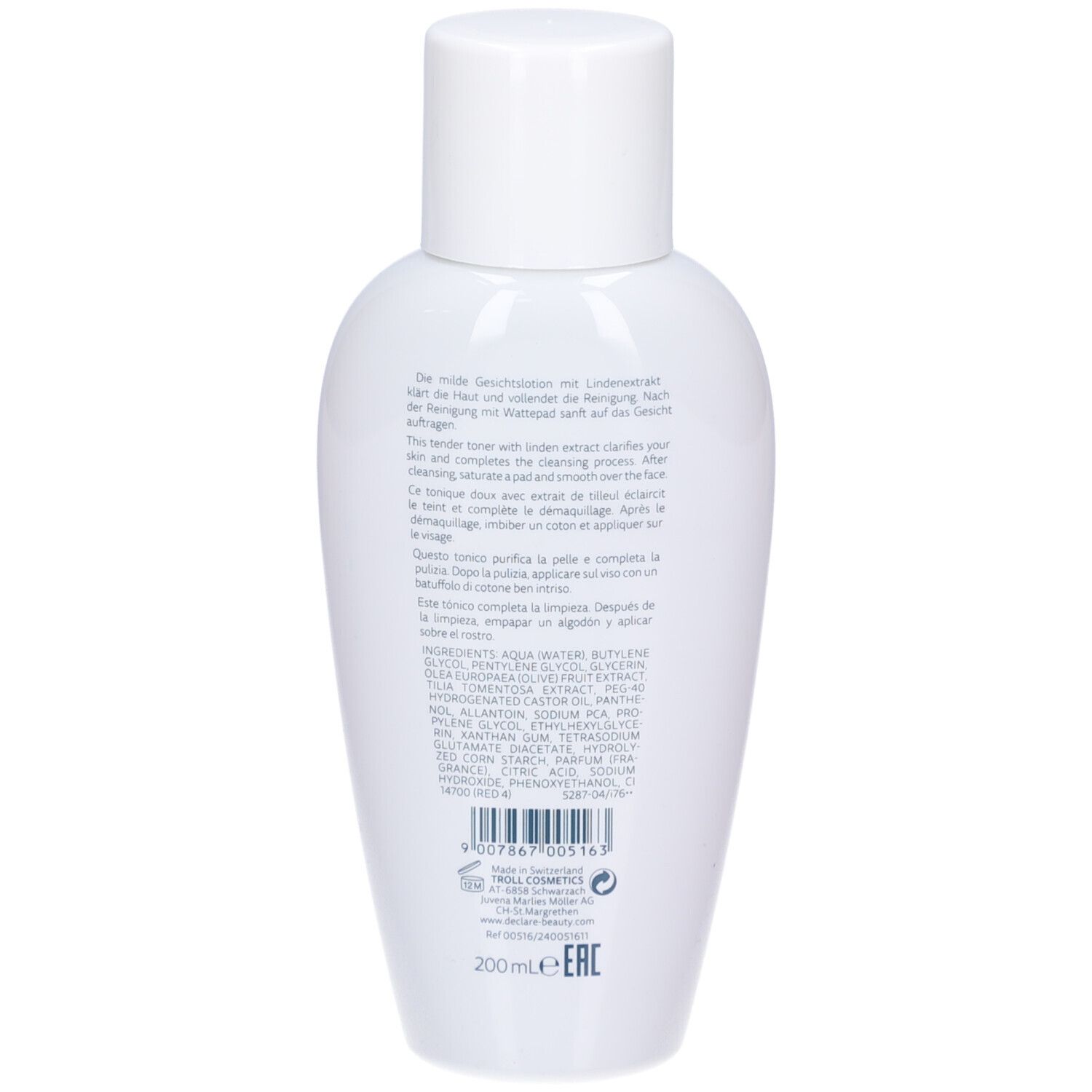 Flacon blanc DECLARÉ Toning Lotion. Inscription : Soft Cleansing, Toning Lotion. 400ml. Pour tous types de peaux.