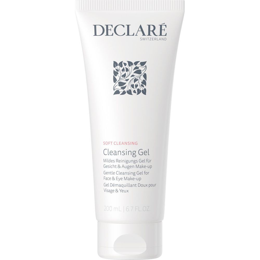Tube blanc avec logo DECLARÉ et motif floral. Texte : Soft Cleansing, Cleansing Gel. 200 ml.