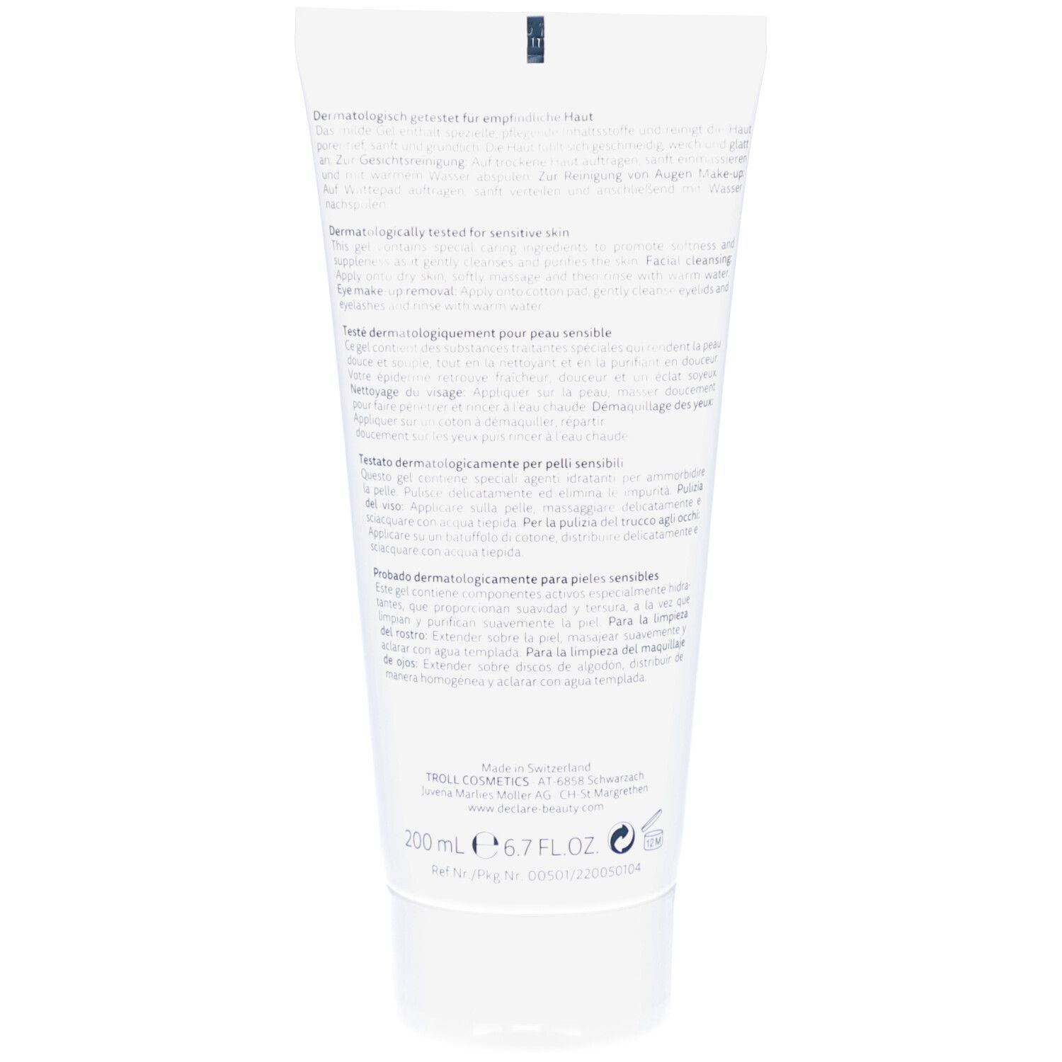Dos du tube blanc DECLARÉ Cleansing Gel. Texte en plusieurs langues.