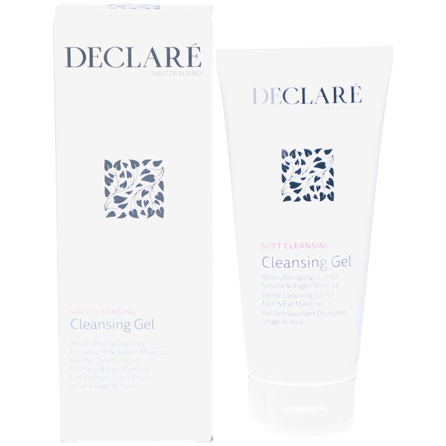 Tube blanc DECLARÉ Cleansing Gel et emballage. Texte : Soft Cleansing, Cleansing Gel.