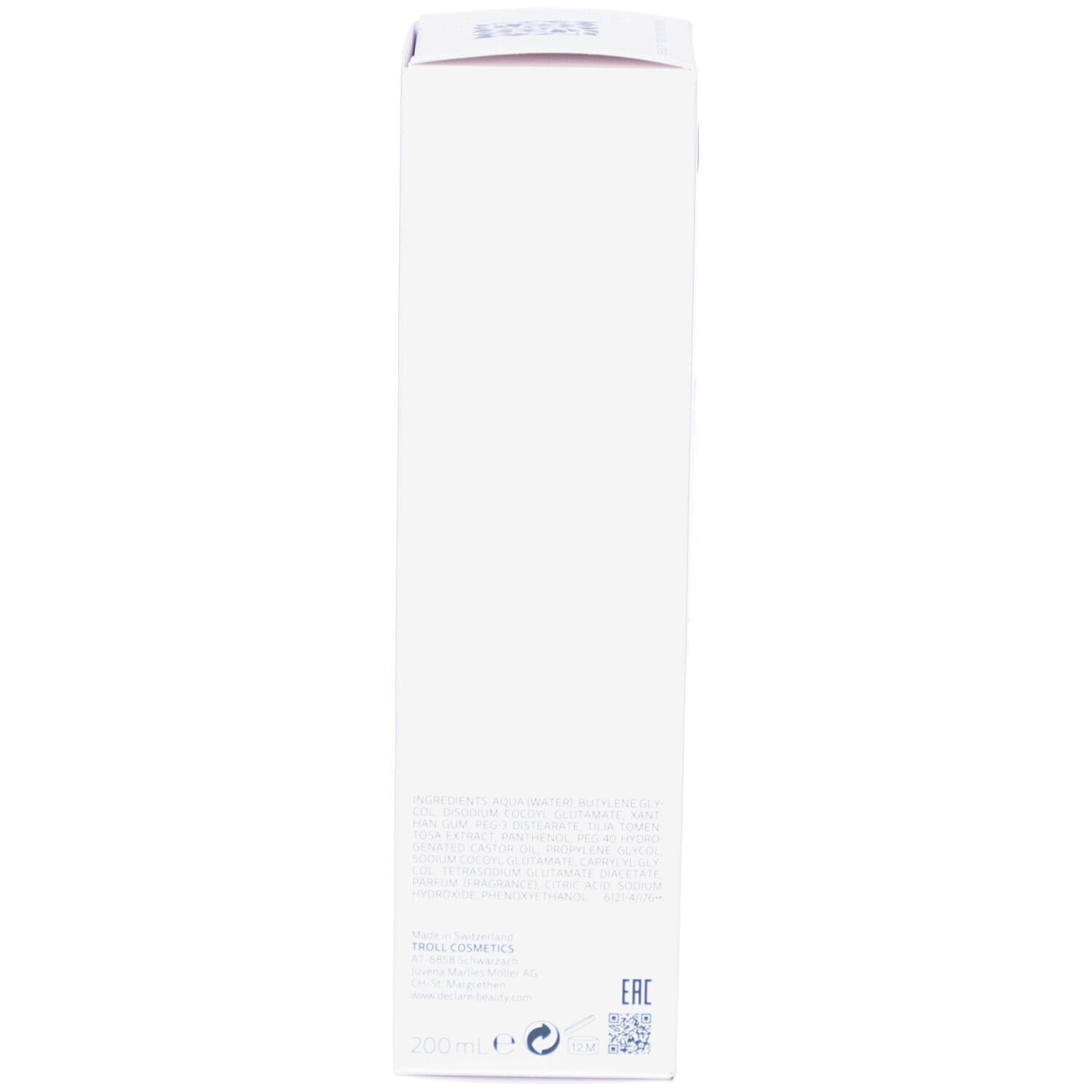 Côté de l'emballage blanc DECLARÉ Cleansing Gel. Texte en plusieurs langues.