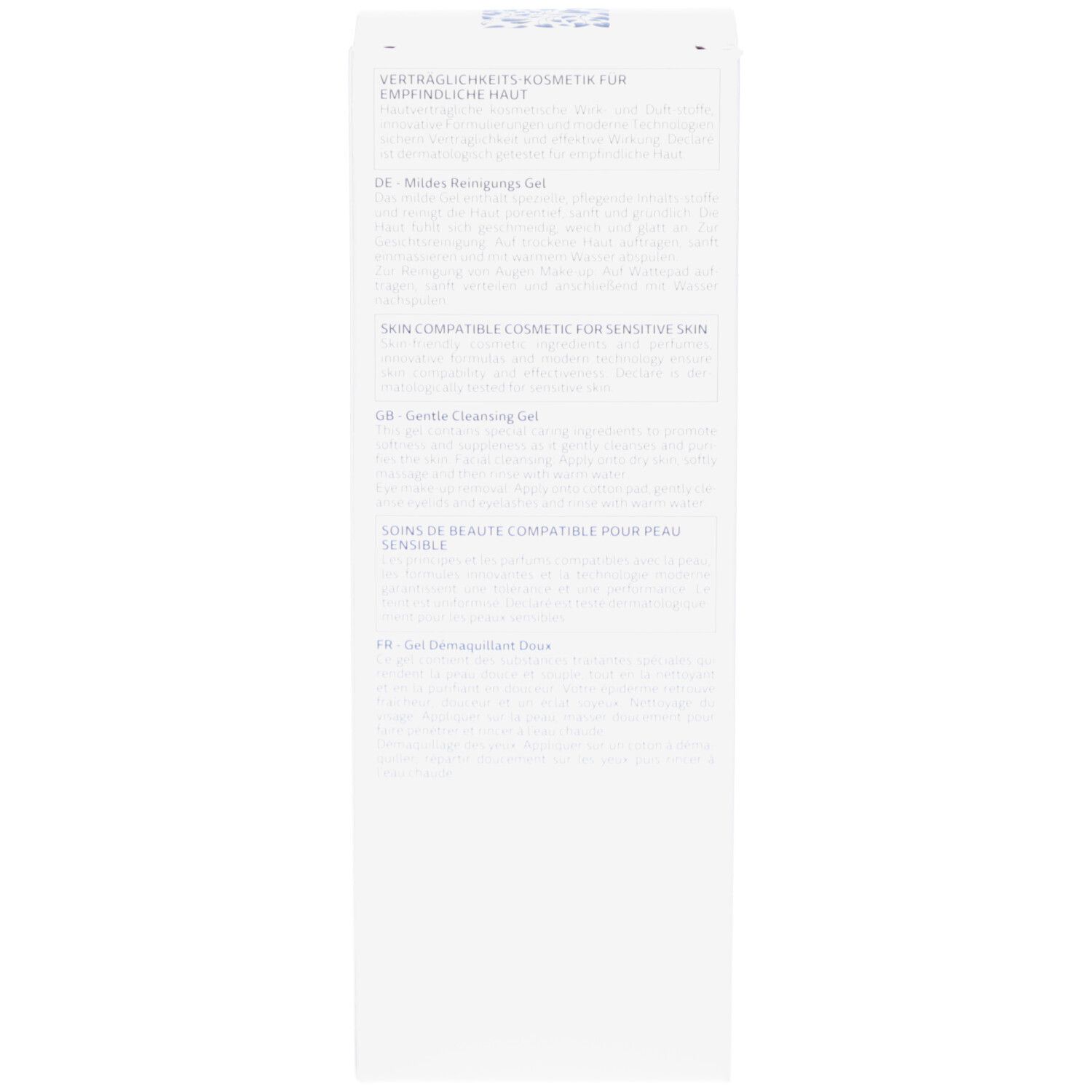 Côté de l'emballage blanc DECLARÉ Cleansing Gel. Texte en plusieurs langues.