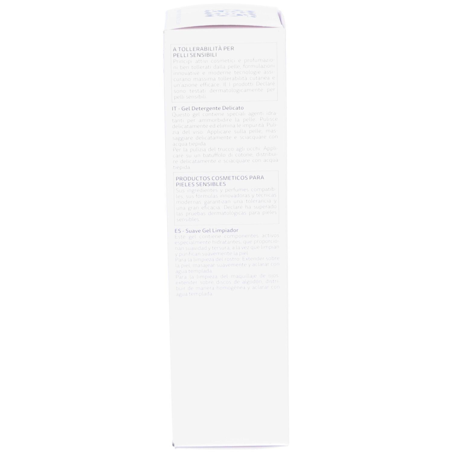 Tube blanc DECLARÉ Cleansing Gel. Texte : Soft Cleansing, Cleansing Gel. Pour peaux normales à mixtes.