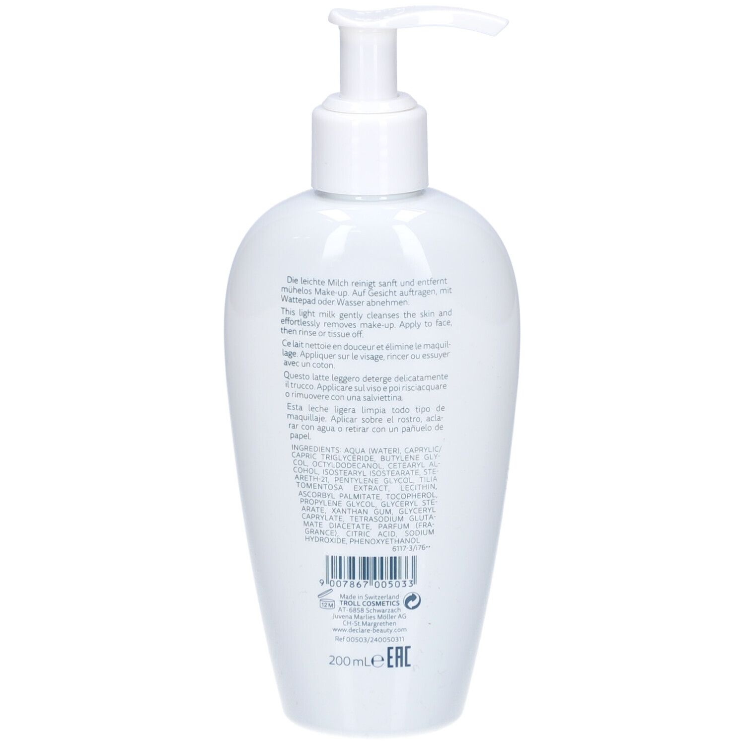 Rückseite der weißen Flasche. Text in mehreren Sprachen. 200ml. Barcode und Herstellerinformationen.