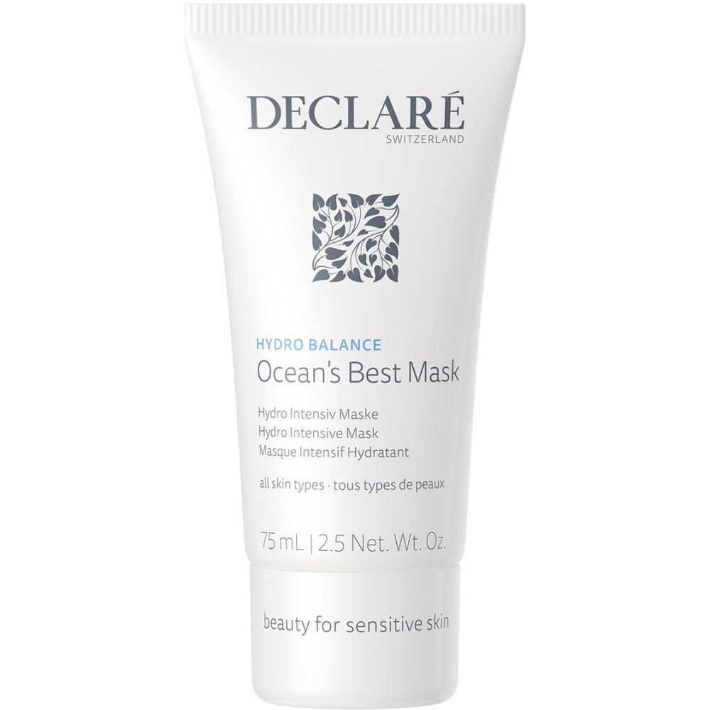 Tube blanc avec bouchon bleu. Inscription : DECLARÉ, HYDRO BALANCE, Ocean's Best Mask. Texte en allemand, anglais, français.