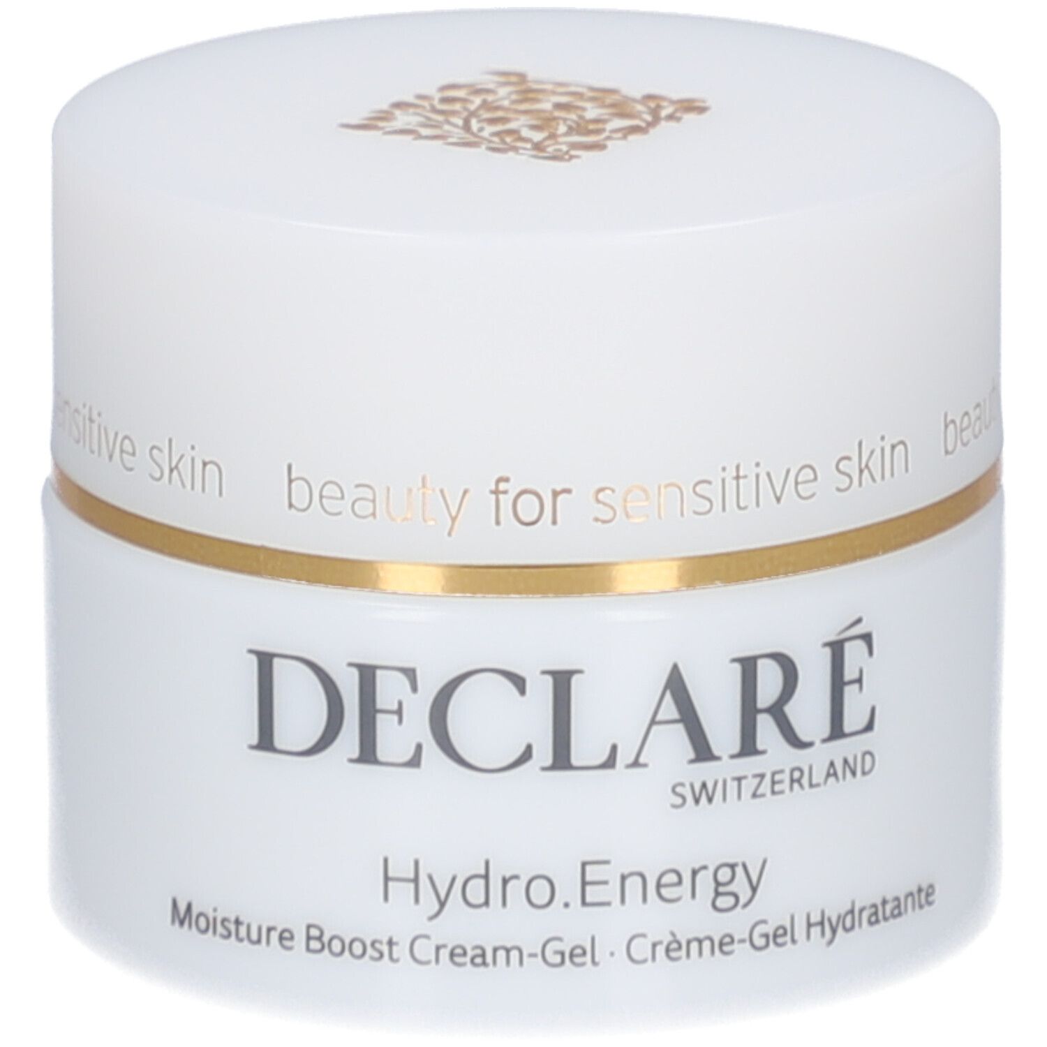 Pot de crème-gel blanc avec bord doré. Inscription : DECLARÉ, Hydro.Energy, Moisture Boost Cream-Gel.