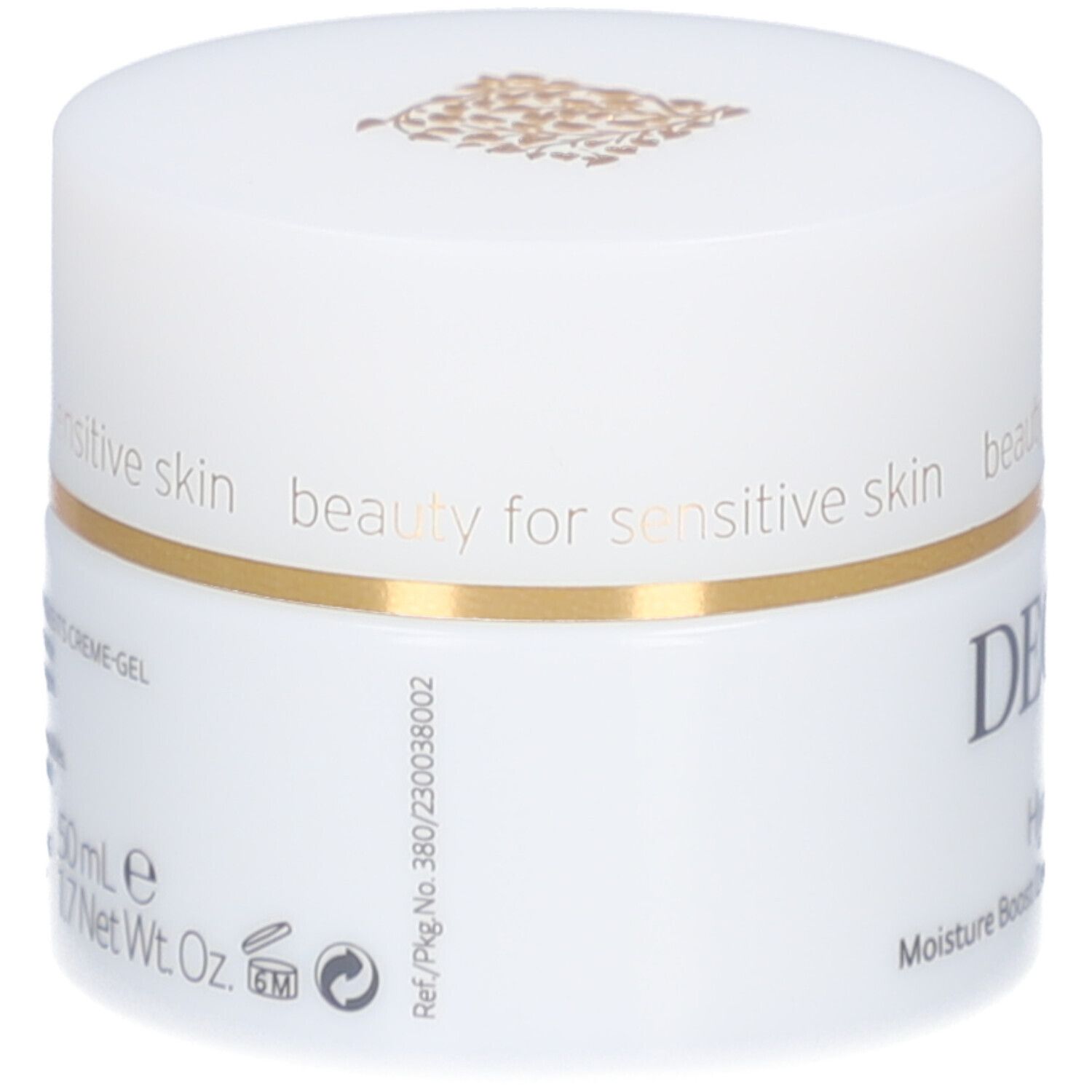 Pot de crème-gel blanc avec bord doré. Inscription : DECLARÉ. Dos avec texte et logos.