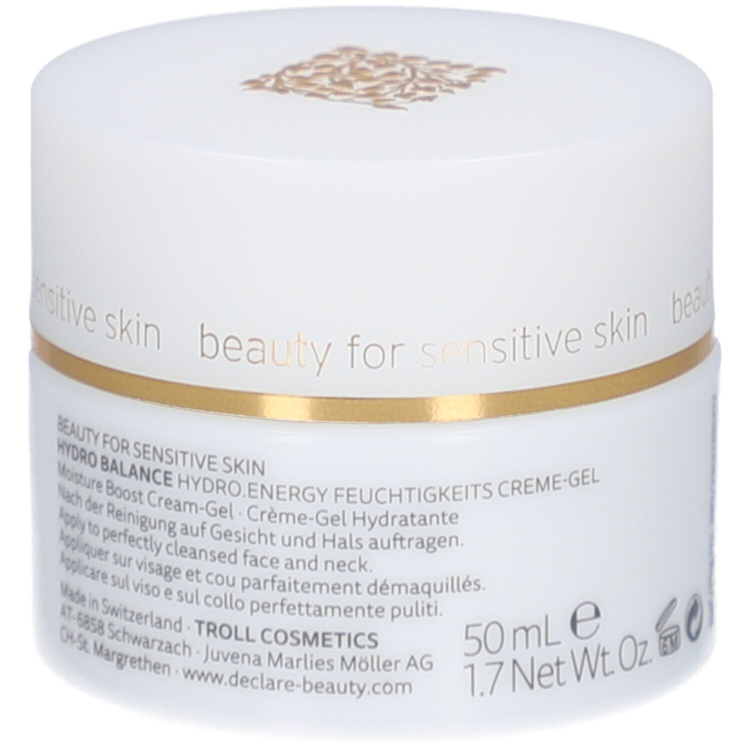 Pot de crème-gel blanc avec bord doré. Inscription : DECLARÉ. Texte sur le pot.