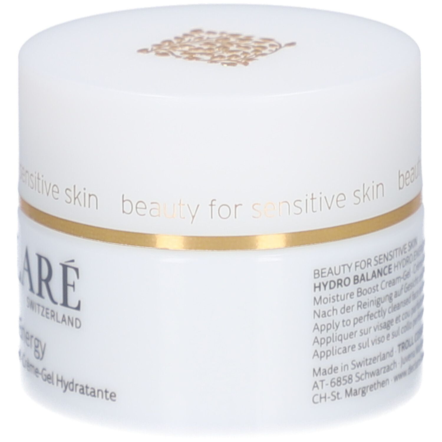 Pot de crème-gel blanc avec bord doré. Inscription : DECLARÉ. Texte sur le pot.