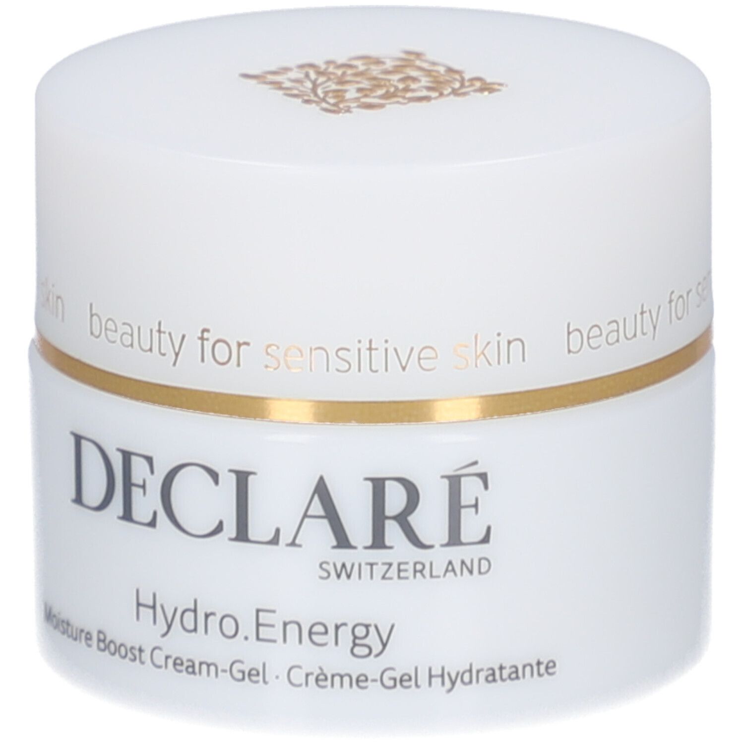 Pot de crème-gel blanc avec bord doré. Inscription : DECLARÉ, Hydro.Energy, Moisture Boost Cream-Gel.