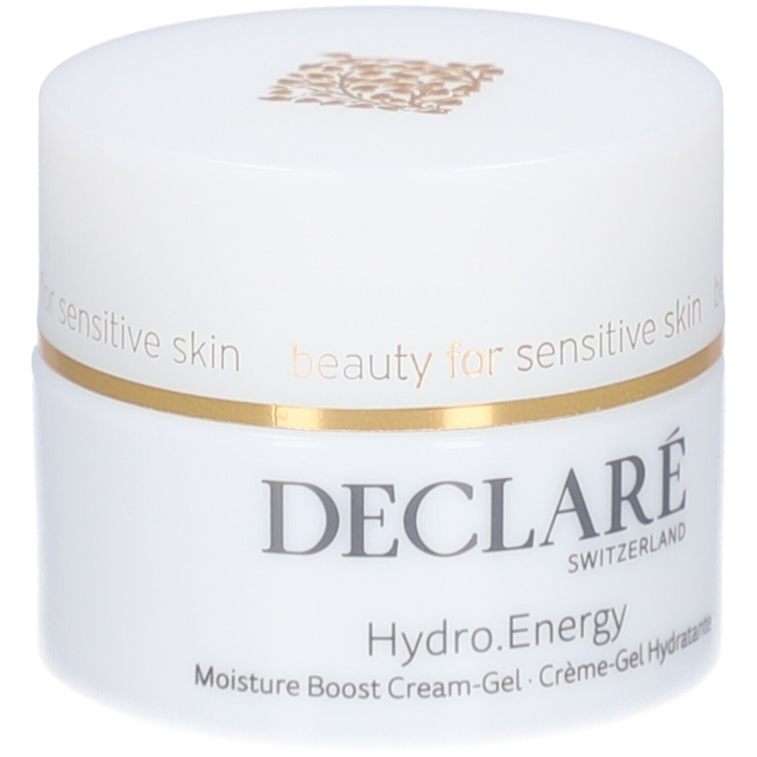 Pot de crème-gel blanc avec bord doré. Inscription : DECLARÉ, Hydro.Energy, Moisture Boost Cream-Gel.