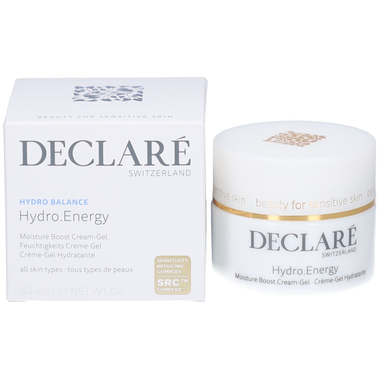 Emballage du produit et pot de crème-gel. Inscription : DECLARÉ, Hydro.Energy, Moisture Boost Cream-Gel. Boîte et pot.