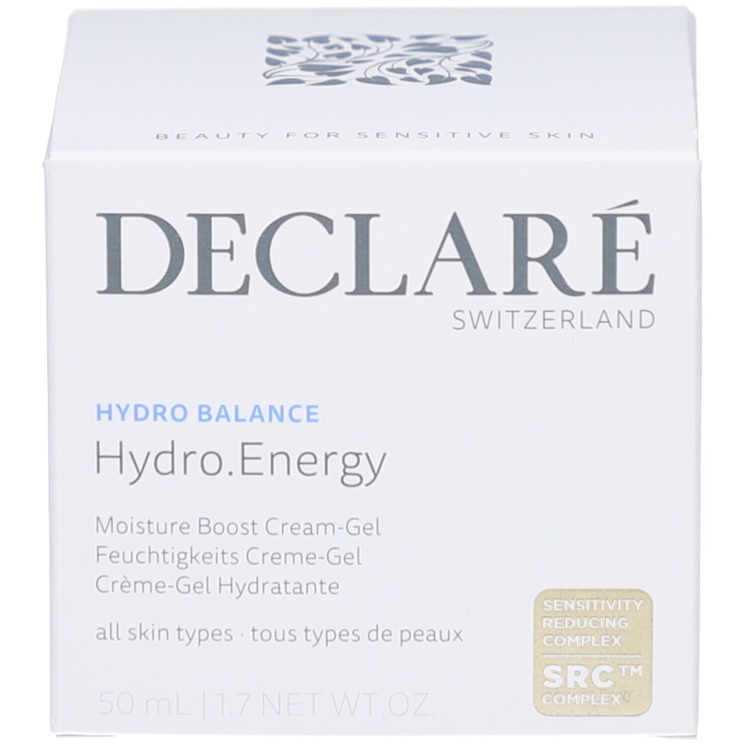 Emballage blanc du produit. Inscription : DECLARÉ, Hydro.Energy, Moisture Boost Cream-Gel. Texte et logos.