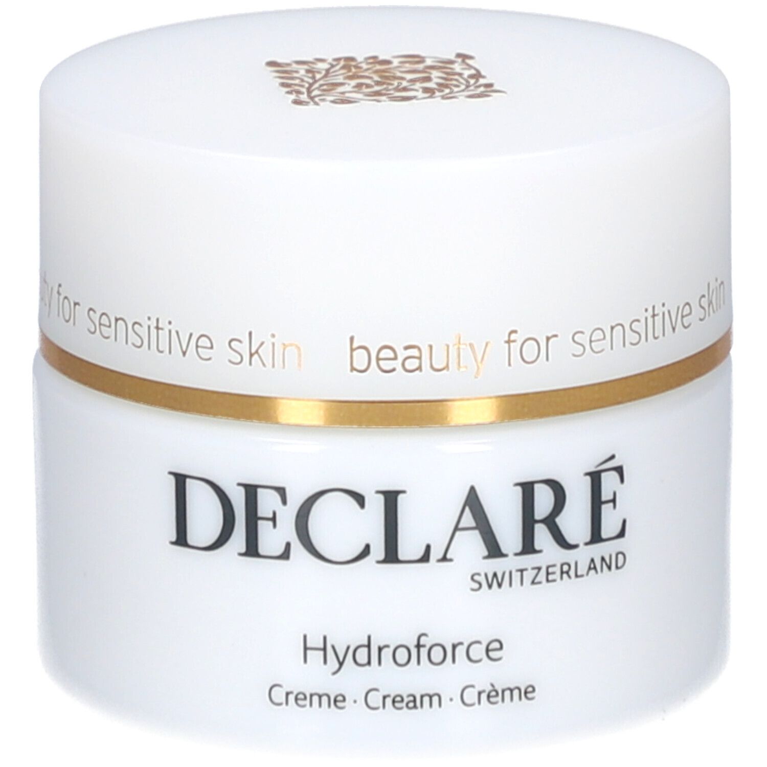 Pot de crème blanc avec couvercle. Anneau doré. Inscription : DECLARÉ, Hydroforce Crème. Pour peaux sensibles.