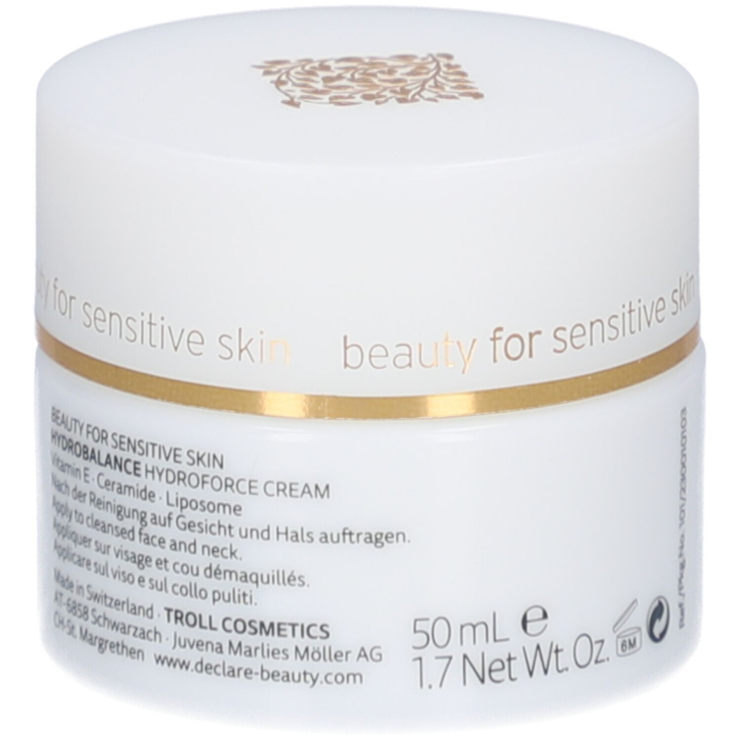 Pot de crème blanc avec couvercle. Anneau doré. Inscription : DECLARÉ. Texte : Hydrobalance Hydroforce Crème, 50 ml.