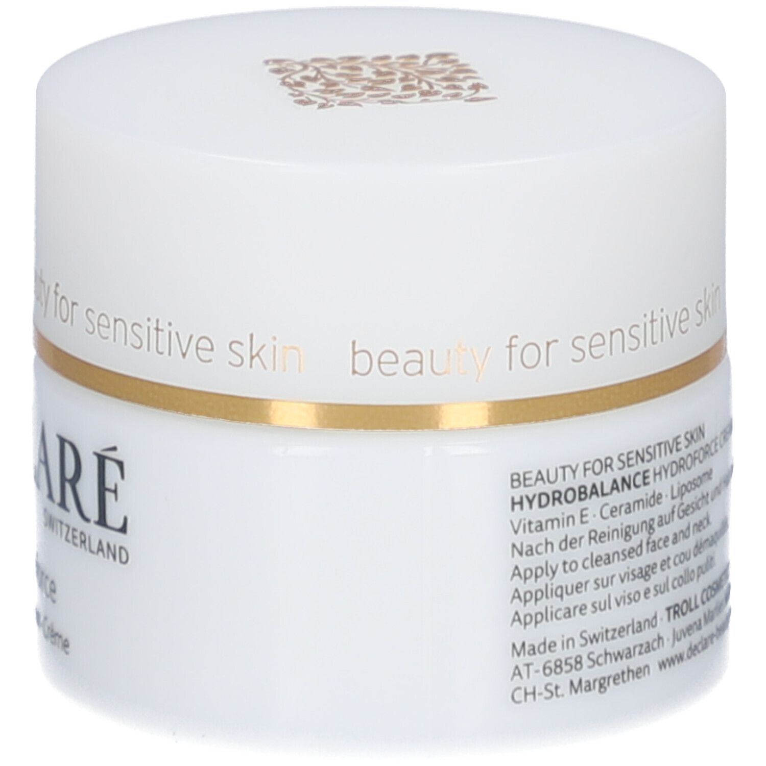 Pot de crème blanc avec couvercle. Anneau doré. Inscription : DECLARÉ. Texte : Hydrobalance Hydroforce Crème.