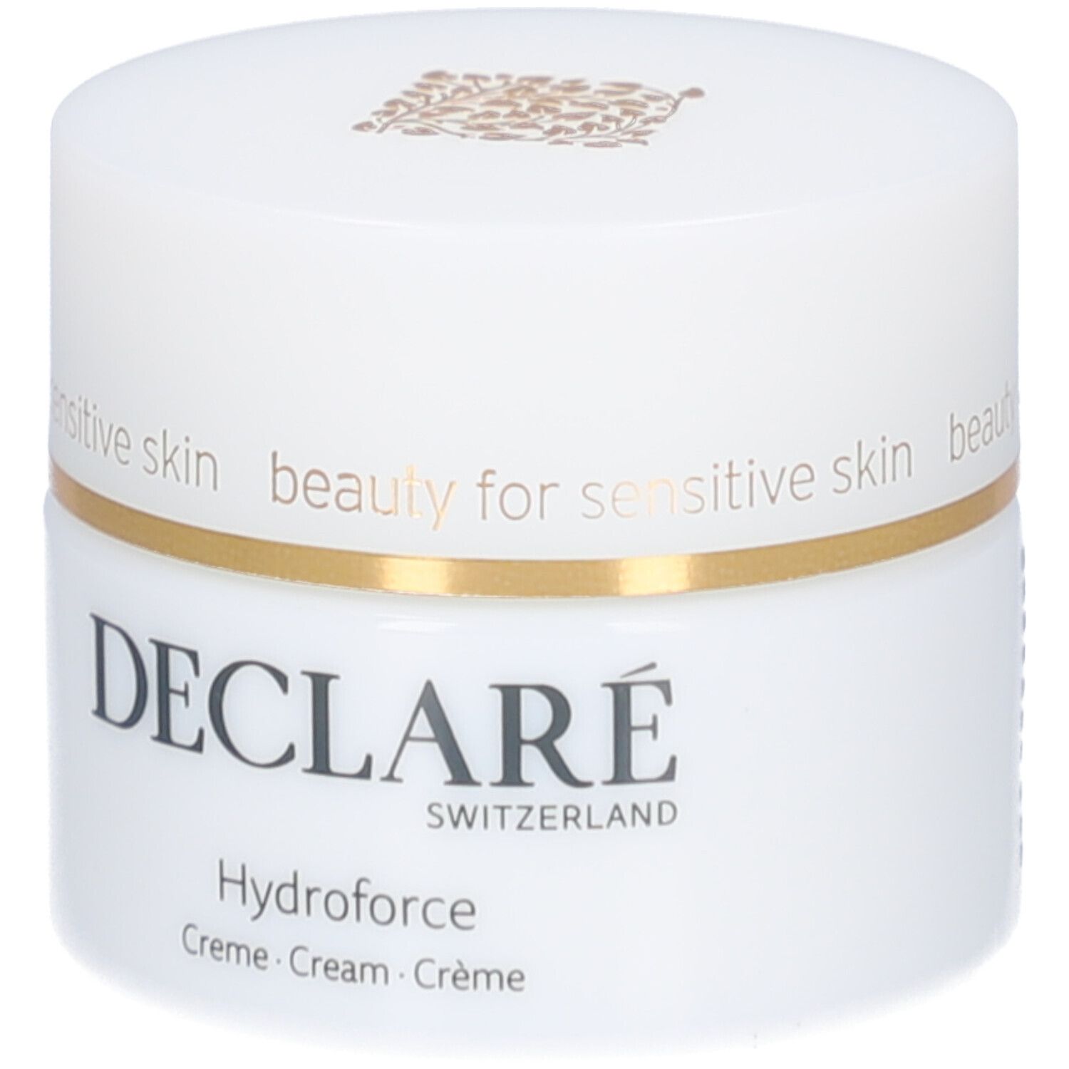 Pot de crème blanc avec couvercle. Anneau doré. Inscription : DECLARÉ, Hydroforce Crème. Pour peaux sensibles.