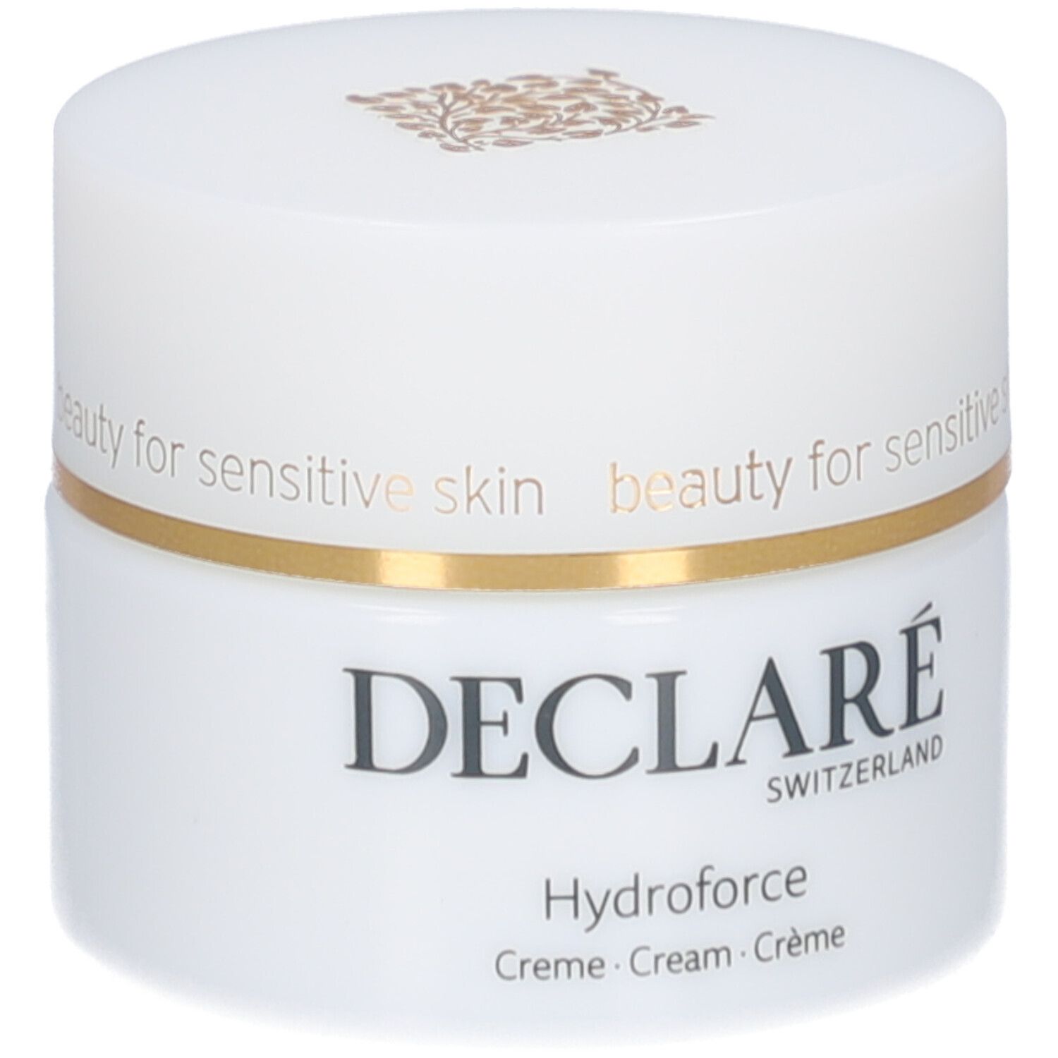 Pot de crème blanc avec couvercle. Anneau doré. Inscription : DECLARÉ, Hydroforce Crème. Pour peaux sensibles.