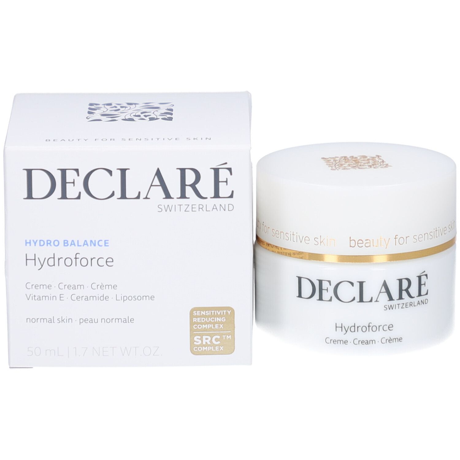 Pot de crème blanc et boîte. Inscription : DECLARÉ, Hydroforce. Boîte : Hydro Balance, 50 ml, SRC Complex.