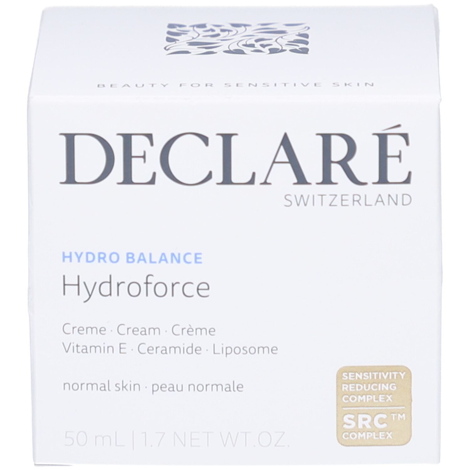 Emballage en carton blanc. Inscription : DECLARÉ, Hydro Balance, Hydroforce Crème, 50 ml, SRC Complex.