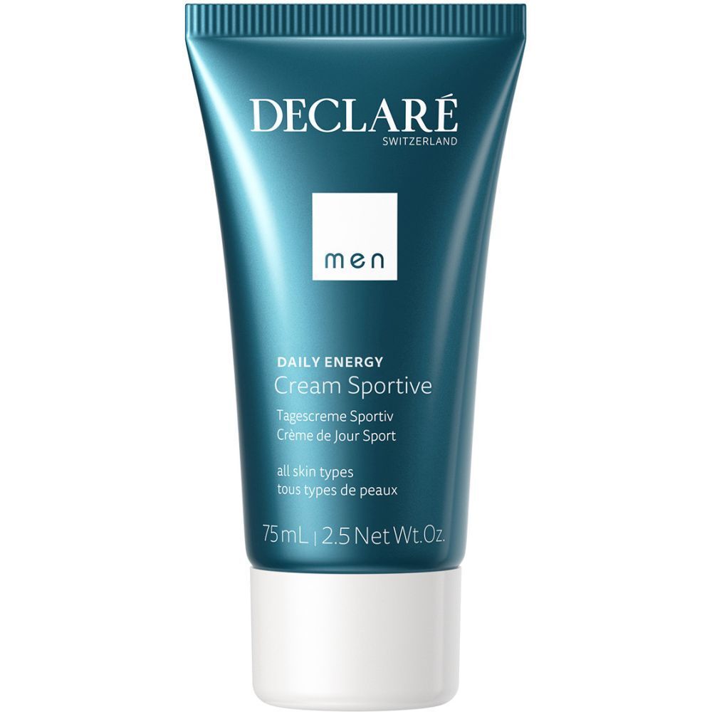 Tube bleu avec bouchon blanc. Inscription : DECLARÉ, men, Crème Sportive, 75ml. Pour tous types de peaux.