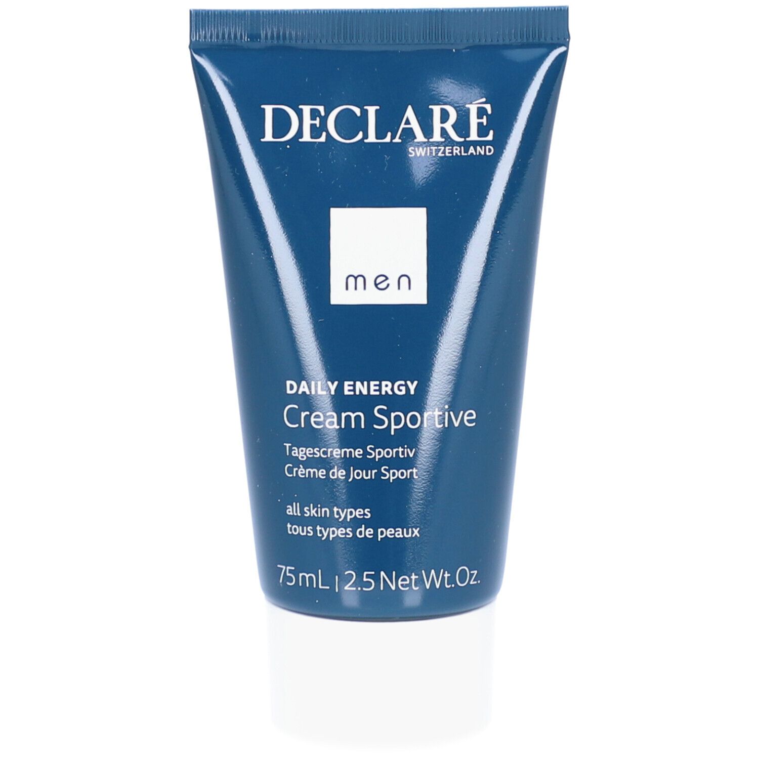 Blaue Tube mit weißem Deckel. Aufschrift: DECLARÉ, MEN, Daily Energy Cream Sportive. Für alle Hauttypen. 75ml.