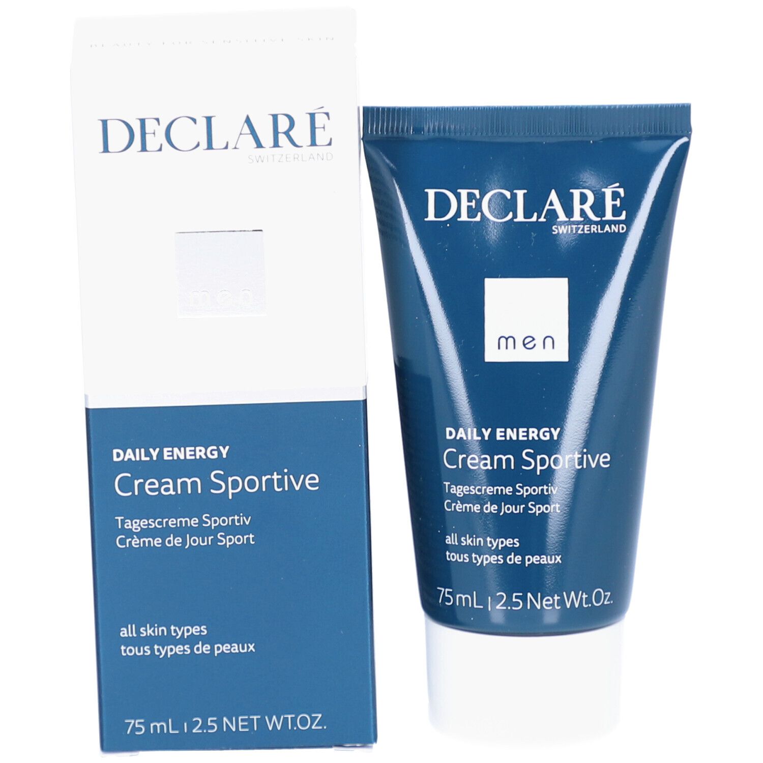 Produktverpackung: Tube und Schachtel. Aufschrift: DECLARÉ, Daily Energy Cream Sportive. Für alle Hauttypen. 75ml.