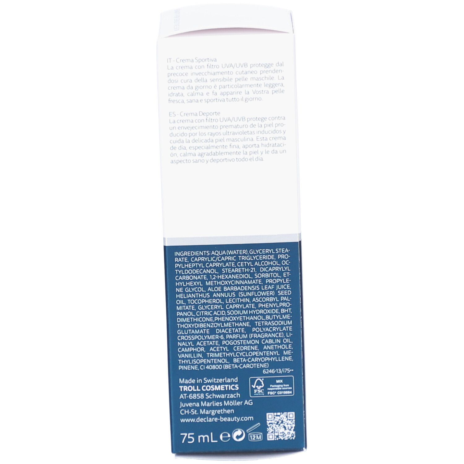 Schachtel-Seite. Text: Inhaltsstoffe, Herstellerinformationen, 75ml.