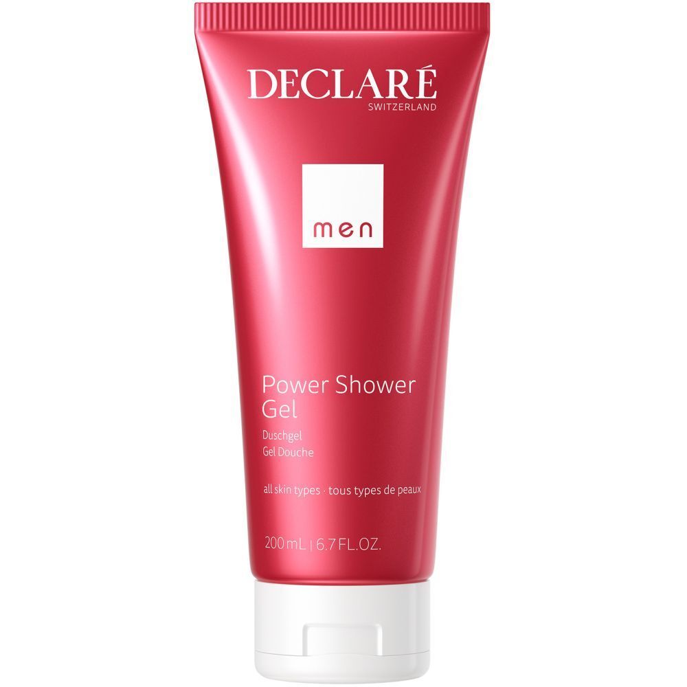 Tube rouge avec bouchon blanc. Inscription: DECLARÉ, Power Shower Gel, men. 200ml.