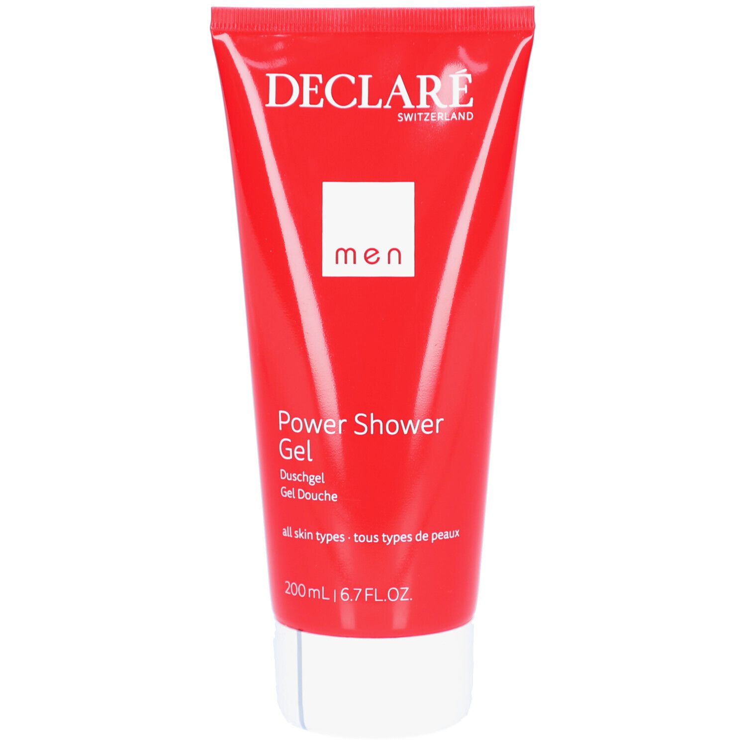 Tube rouge avec bouchon blanc. Inscription: DECLARÉ, Power Shower Gel, men. 200ml.