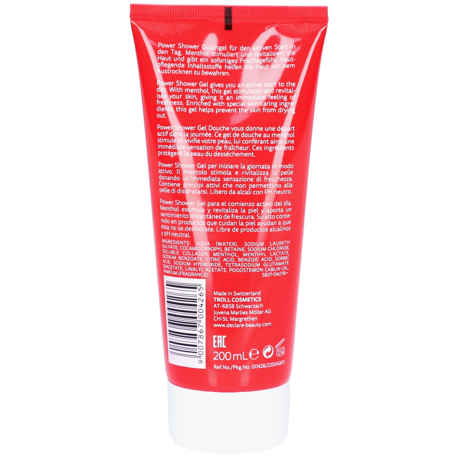Tube rouge avec bouchon blanc. Dos avec texte et ingrédients. 200ml.