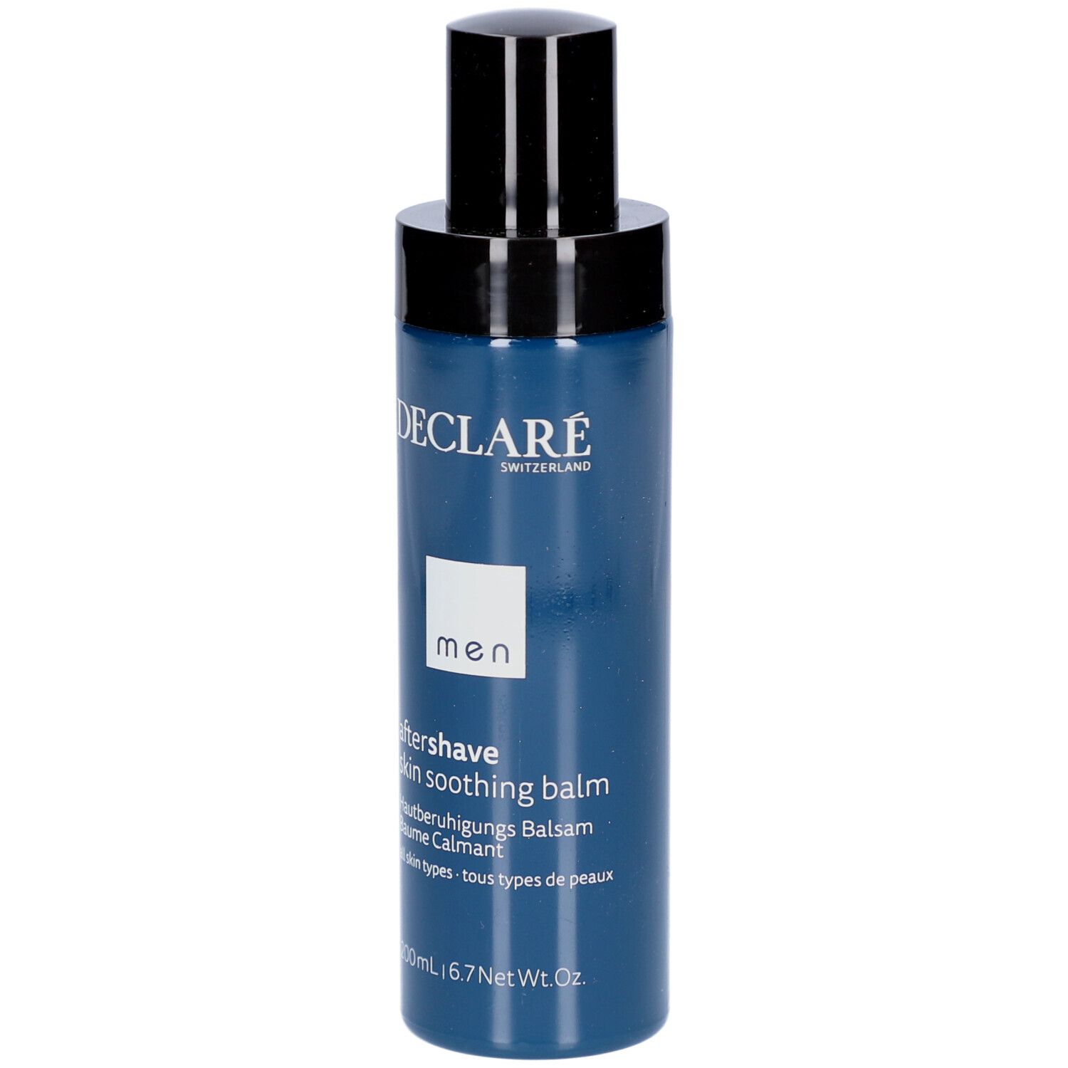 Blau-schwarze Flasche. DECLARÉ After-Shave-Balsam. Text: aftershave skin soothing balm. 200 ml.