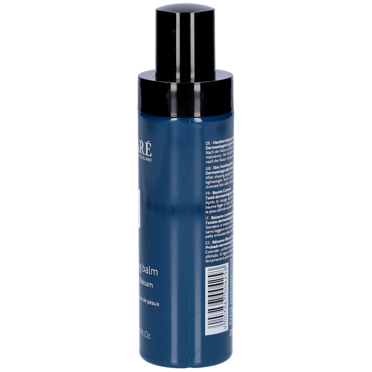 Rückseite der Flasche. DECLARÉ After-Shave-Balsam. Text und Inhaltsstoffe. 200 ml.