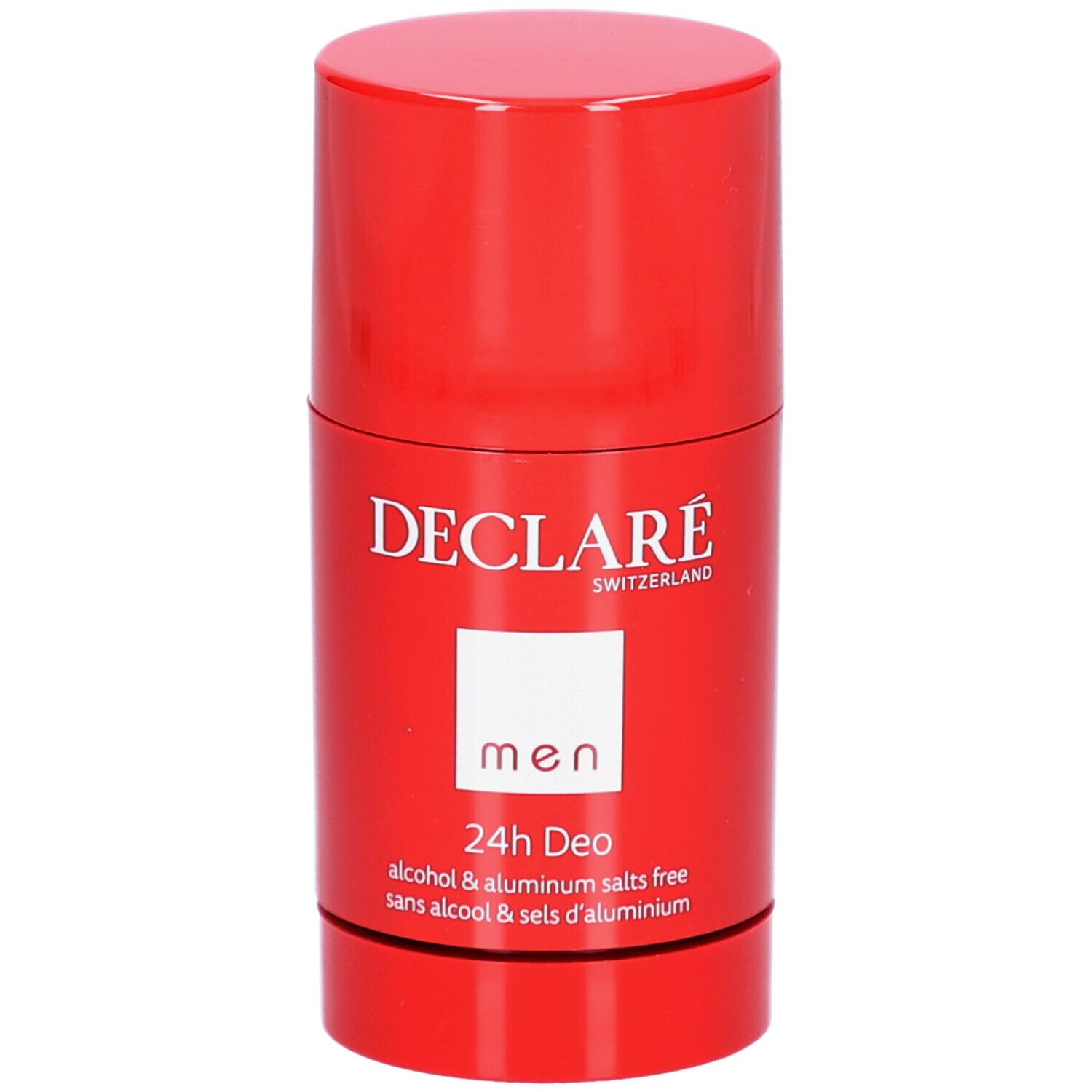 Roter Deostift. Weißes Quadrat mit "men". "DECLARE" und "24h Deo" Schriftzug. "alcohol & aluminum salts free".