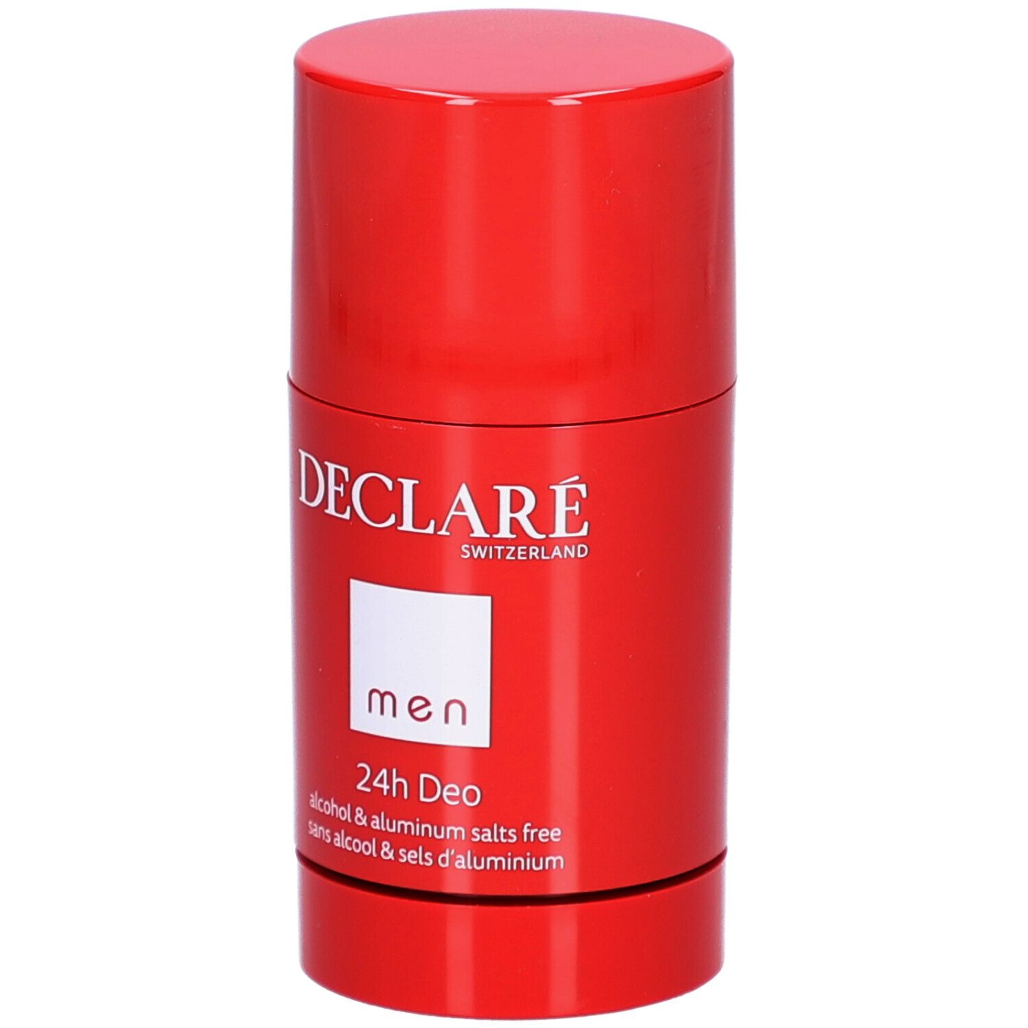 Roter Deostift. Weißes Quadrat mit "men". "DECLARE" und "24h Deo" Schriftzug. "alcohol & aluminum salts free".