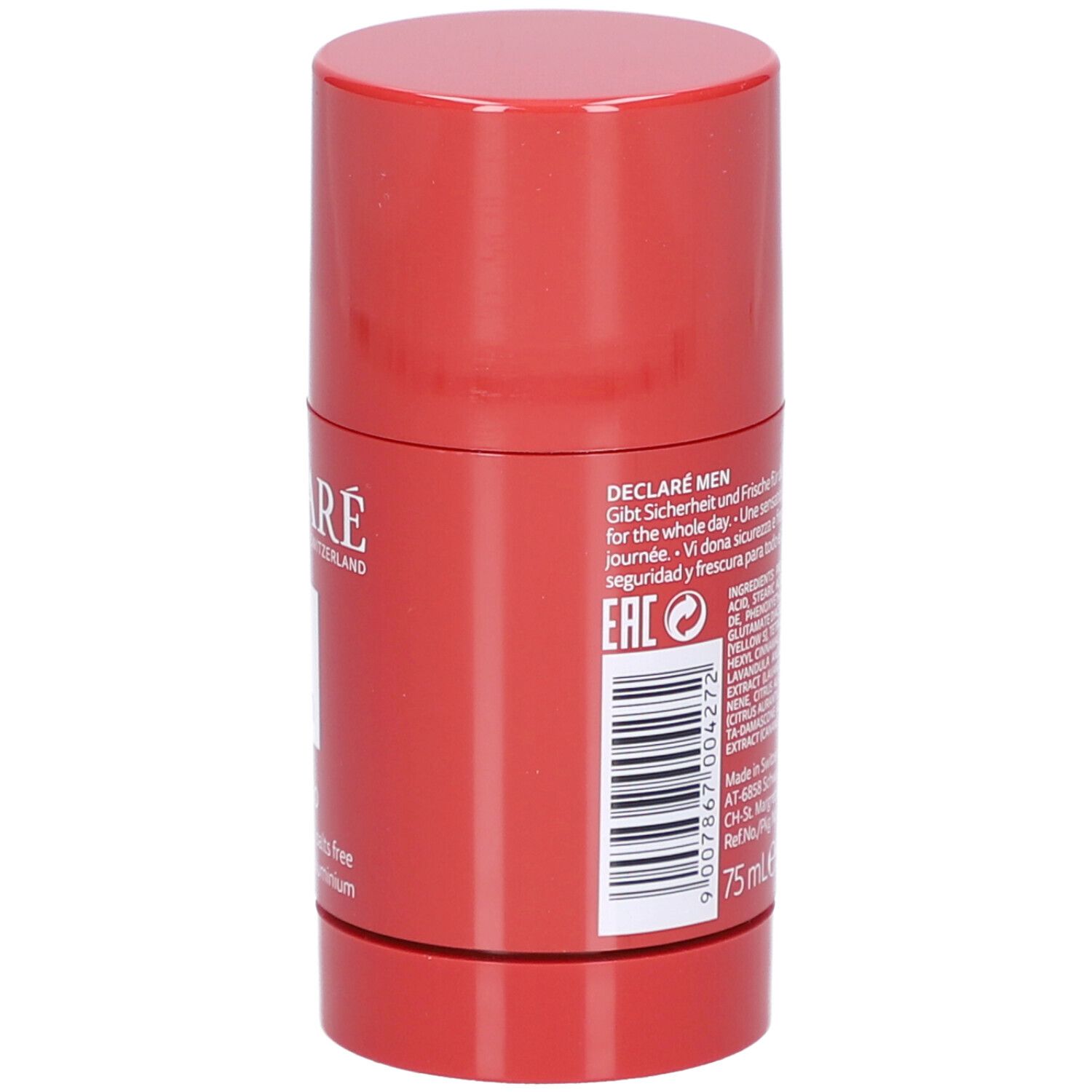 Roter Deostift. Rückseite mit Text. "DECLARE MEN" und "75 ml" Volumenangabe.