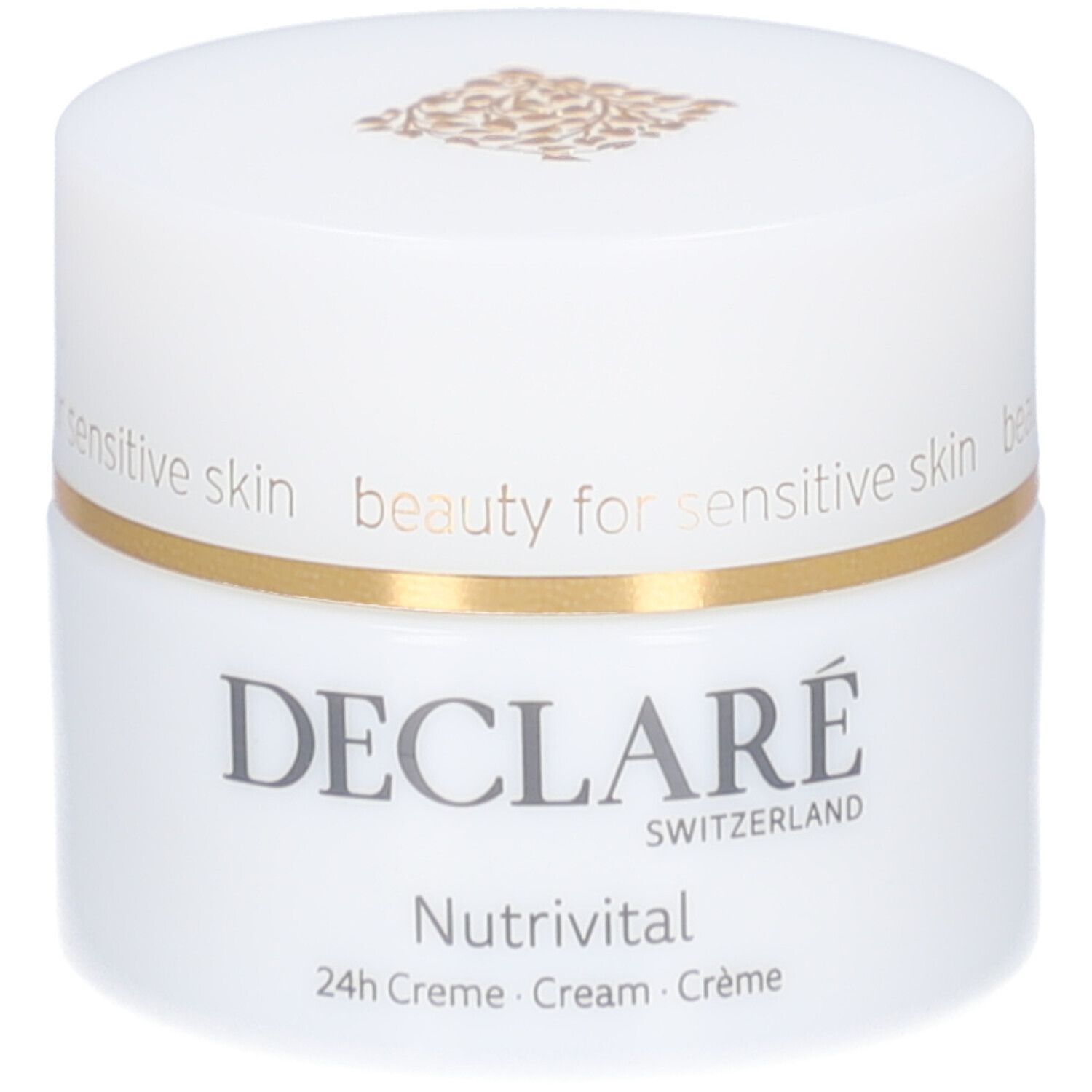 Pot blanc avec couvercle. Anneau doré. Logo DECLARÉ et nom du produit Nutrivital. Texte : beauty for sensitive skin.
