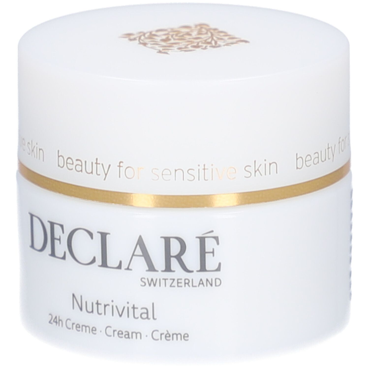 Pot blanc avec couvercle. Anneau doré. Logo DECLARÉ et nom du produit Nutrivital. Texte : beauty for sensitive skin.