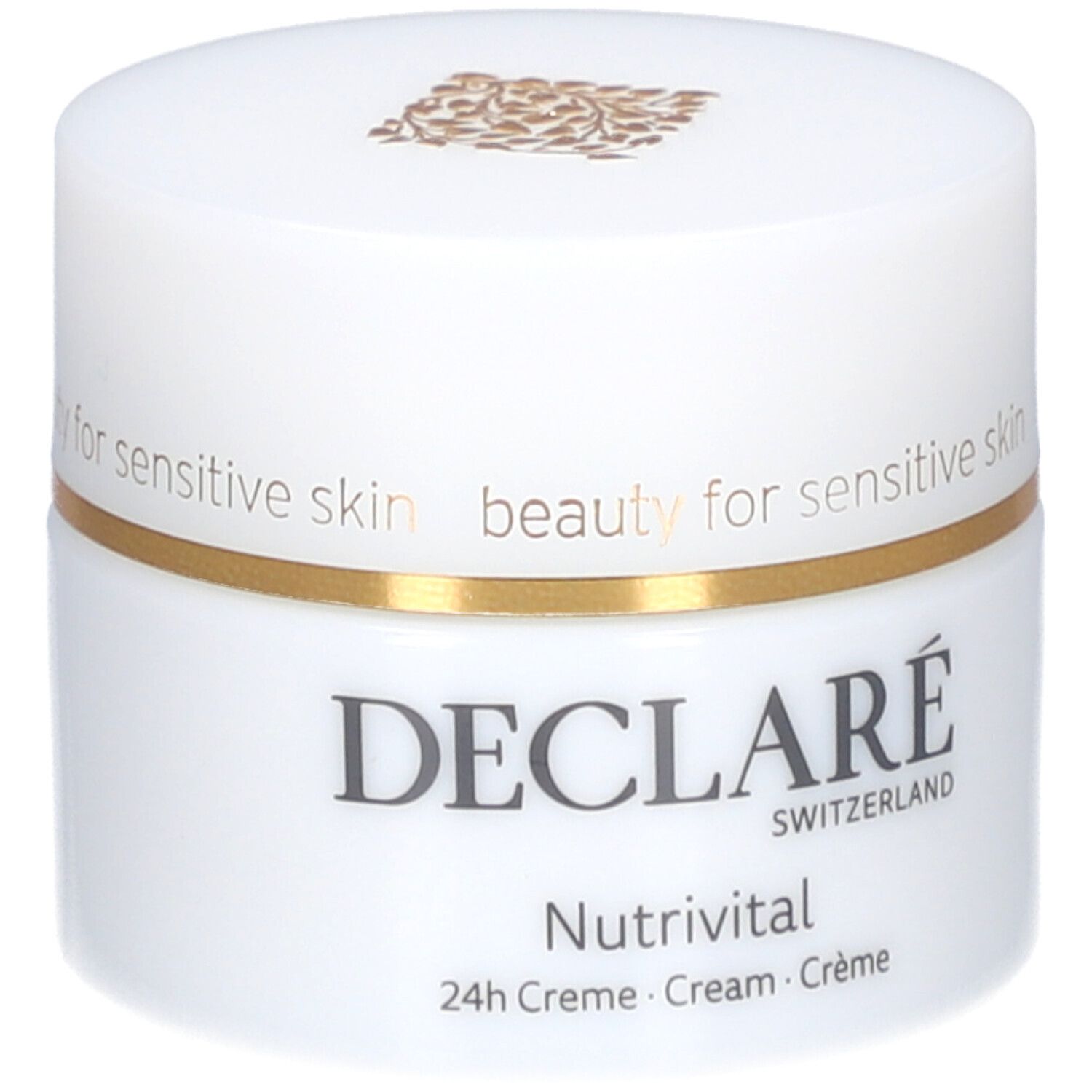 Pot blanc avec couvercle. Anneau doré. Logo DECLARÉ et nom du produit Nutrivital. Texte : beauty for sensitive skin.
