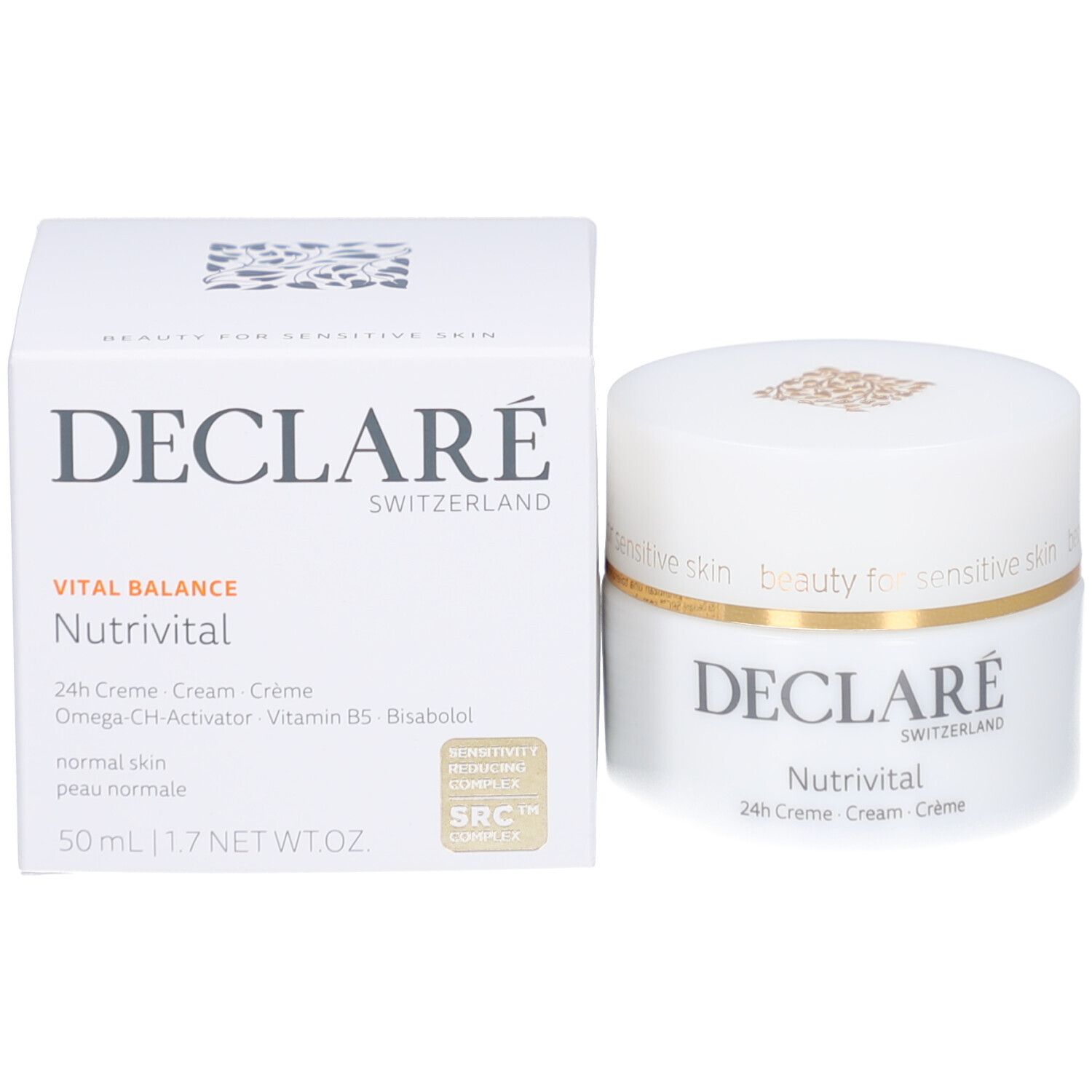 Pot et boîte blancs. Logo DECLARÉ et nom du produit Nutrivital. Texte : beauty for sensitive skin. 50 ml.