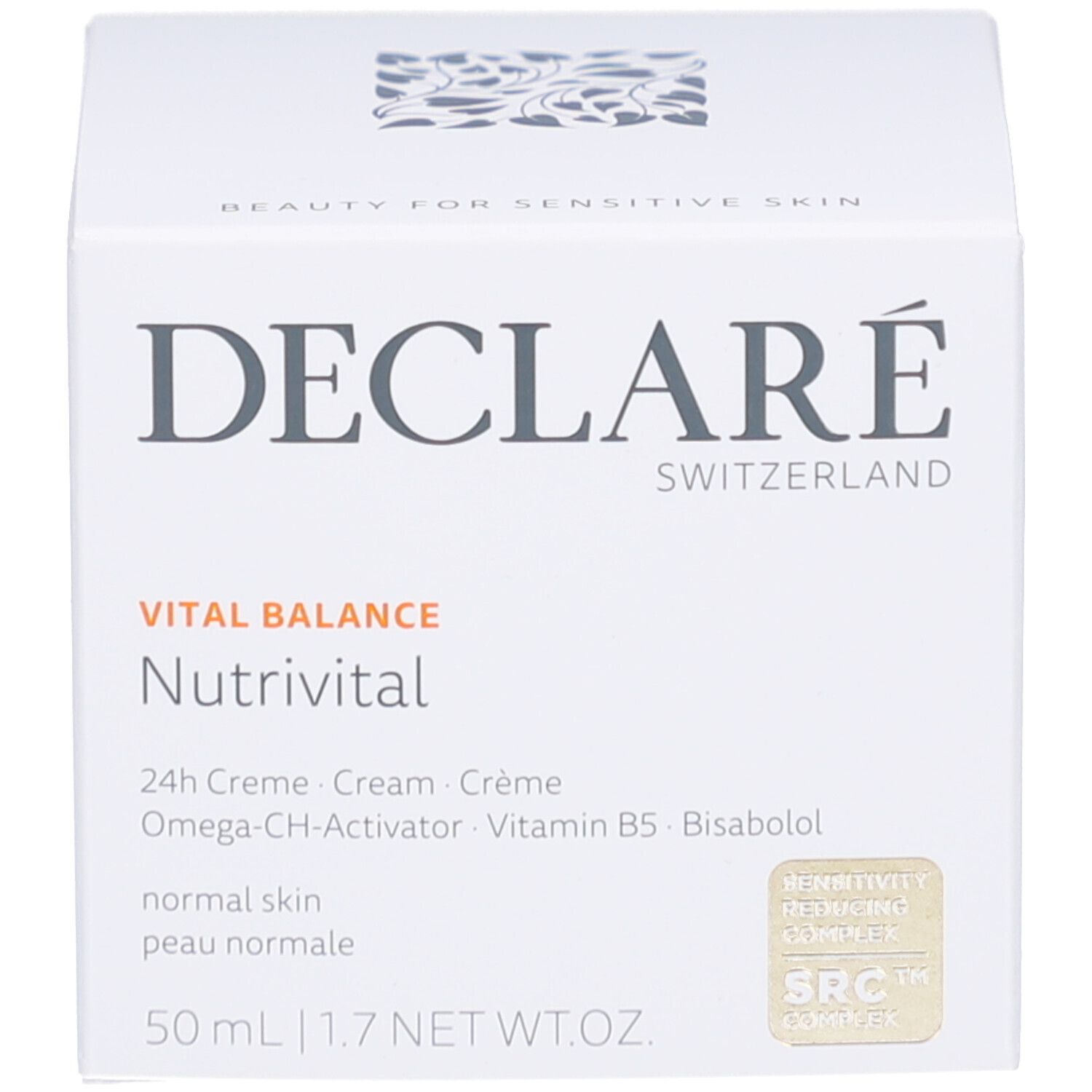 Emballage blanc. Logo DECLARÉ et nom du produit Nutrivital. Texte : beauty for sensitive skin. 50 ml. Sceau SRC.