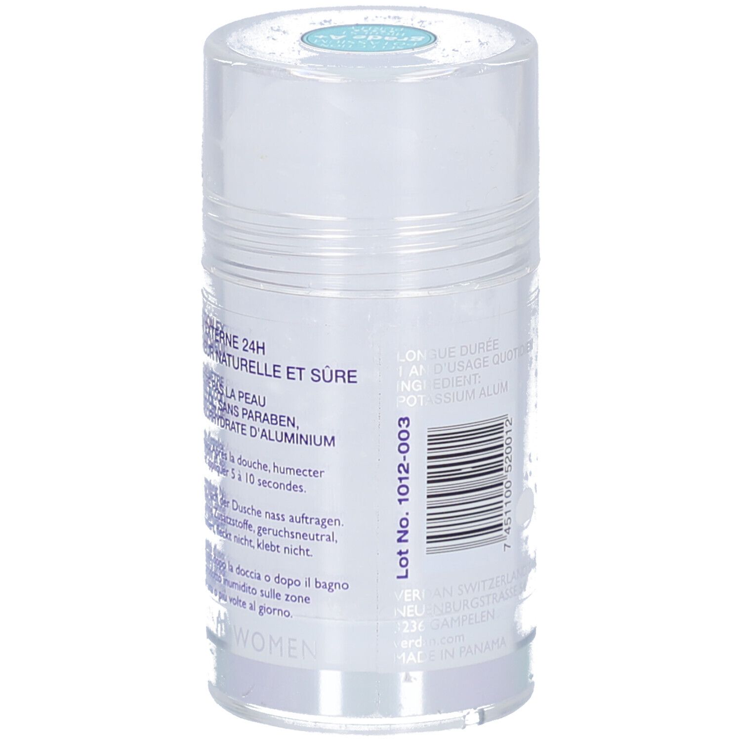 Deostick mit Text. Beschriftung: Naturelle et sûre, 24H, sans paraben, sans aluminium. Lot Nr. 1012-003. Für Frauen.