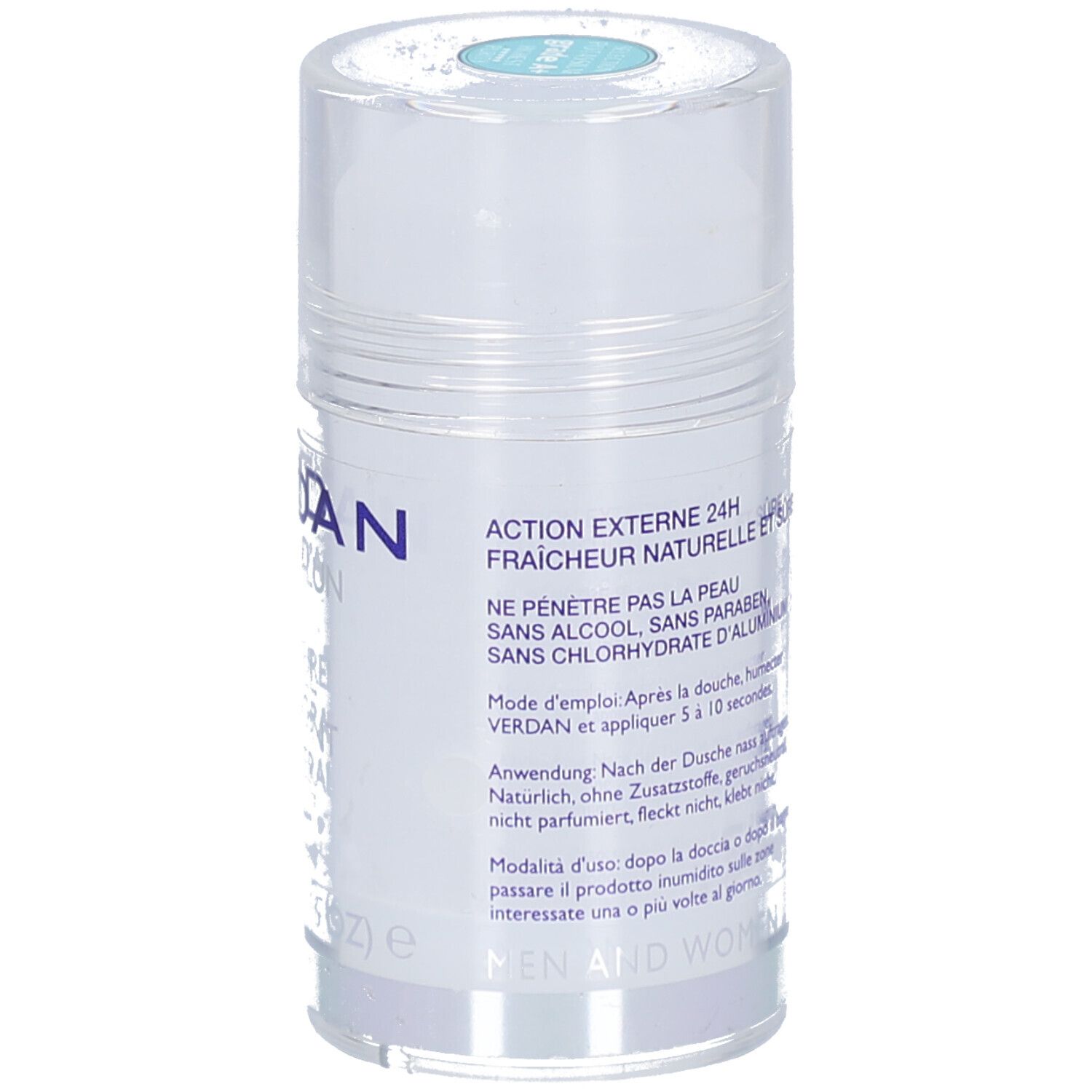 Deostick mit Text. Beschriftung: Action externe 24H, ne pénètre pas la peau, sans alcool, sans paraben. Für Männer und Frauen.