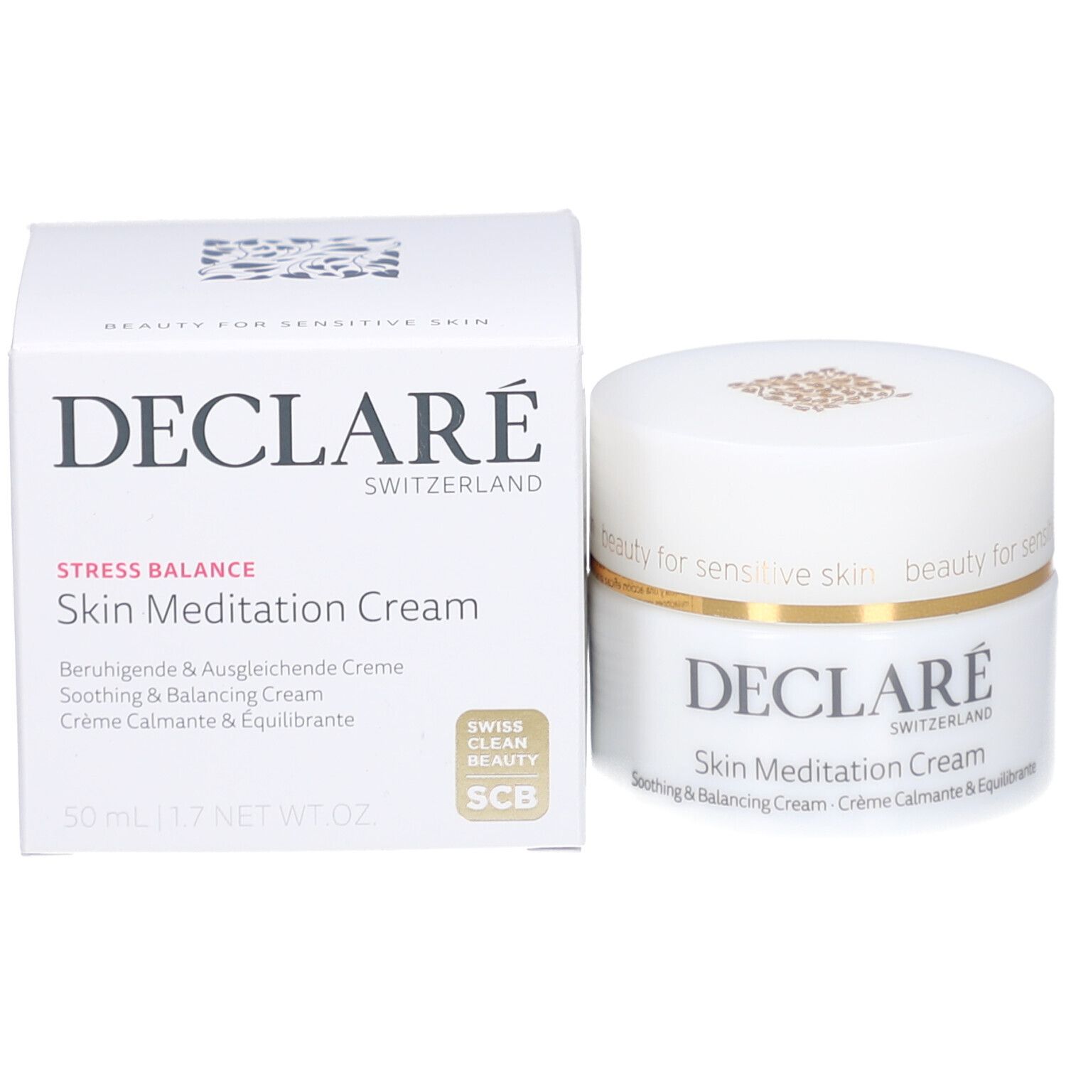Pot de crème et emballage. Inscription : DECLARÉ SWITZERLAND, Skin Meditation Cream. Swiss Clean Beauty.