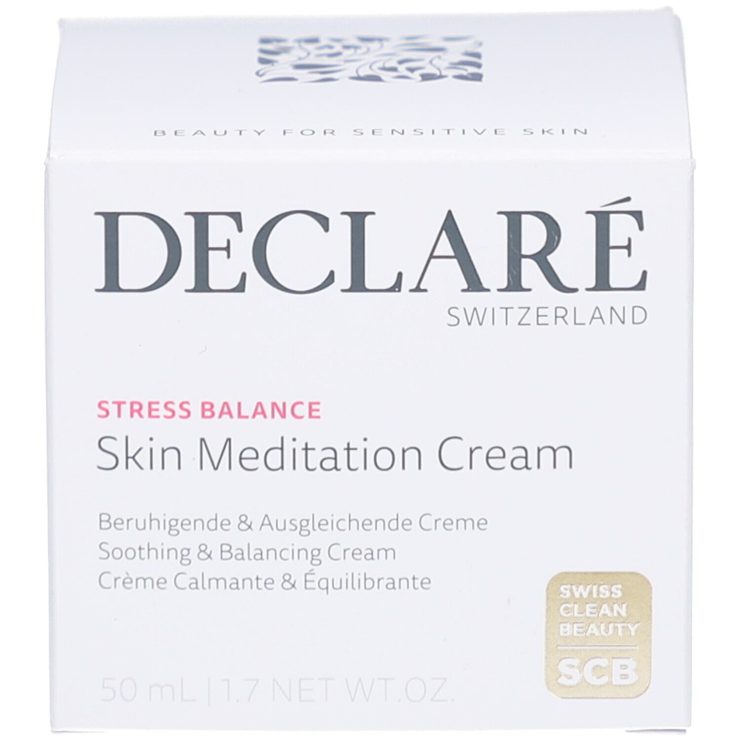 Emballage. Inscription : DECLARÉ SWITZERLAND, Skin Meditation Cream. Swiss Clean Beauty.