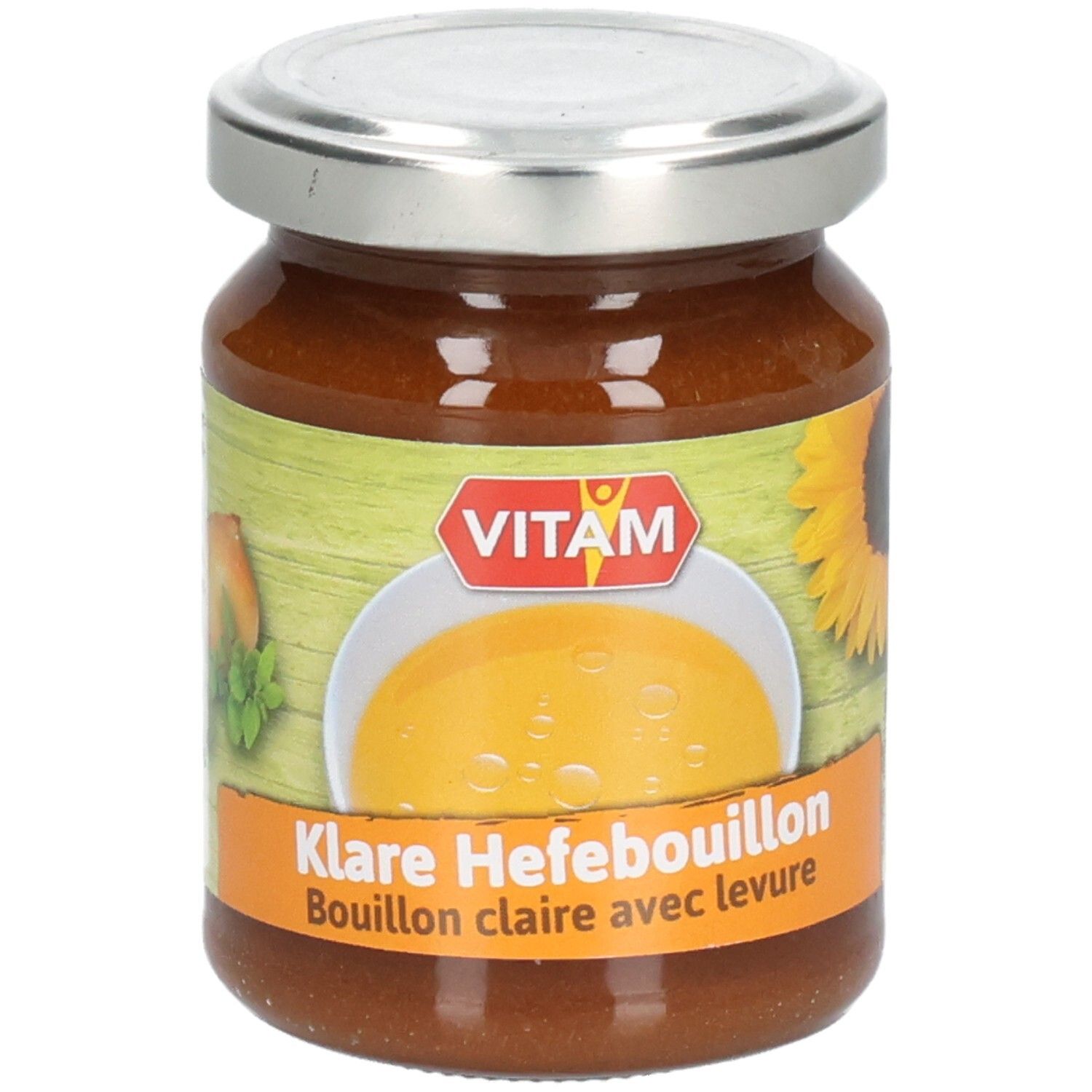 Pot de bouillon clair VITAM. Étiquette avec nom du produit, tournesol et soupe. Couvercle argenté.