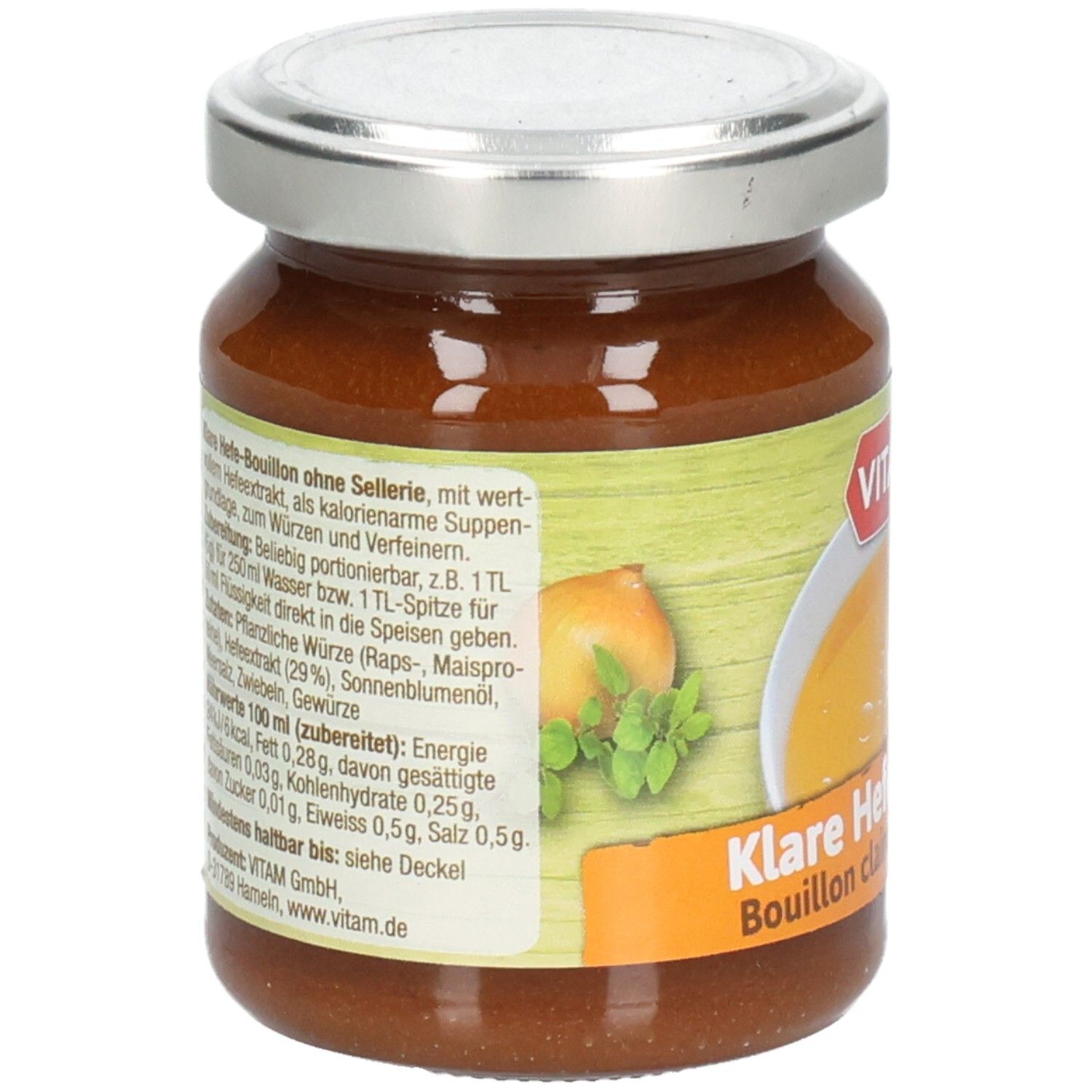 Pot de bouillon clair VITAM. Dos avec liste des ingrédients et informations nutritionnelles. Couvercle argenté.
