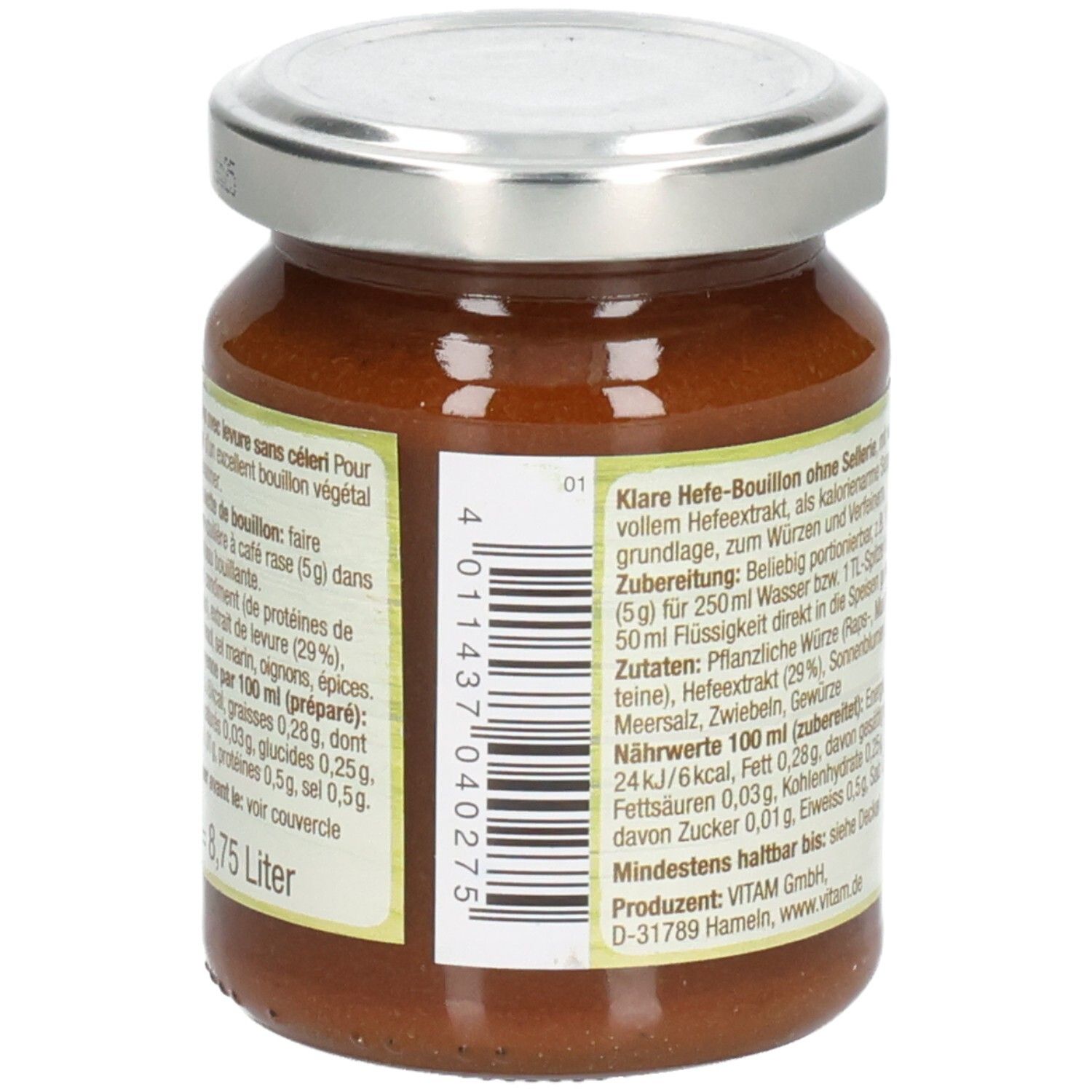 Pot de bouillon clair VITAM. Côté avec code-barres et texte. Couvercle argenté.