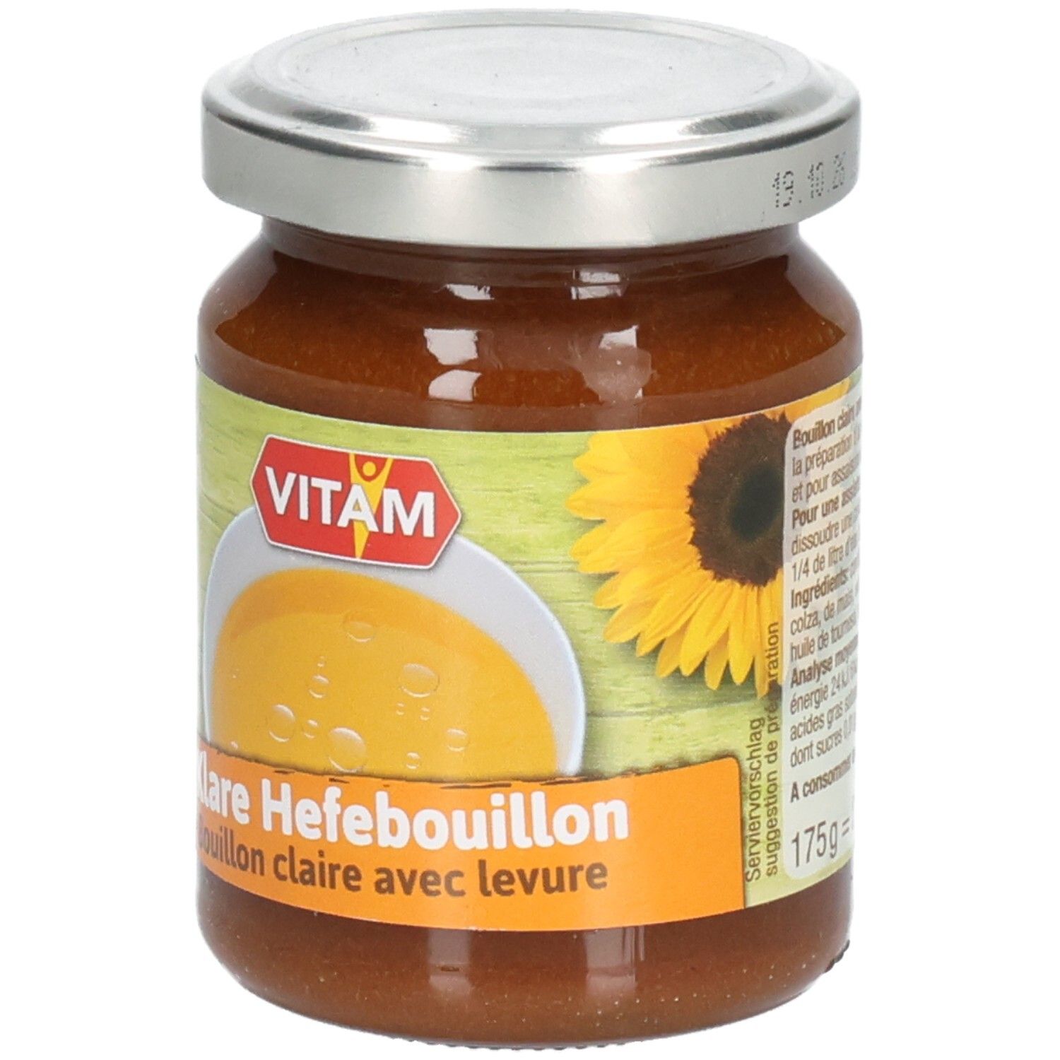 Pot de bouillon clair VITAM. Étiquette avec nom du produit, tournesol et soupe. Couvercle argenté, date de péremption.